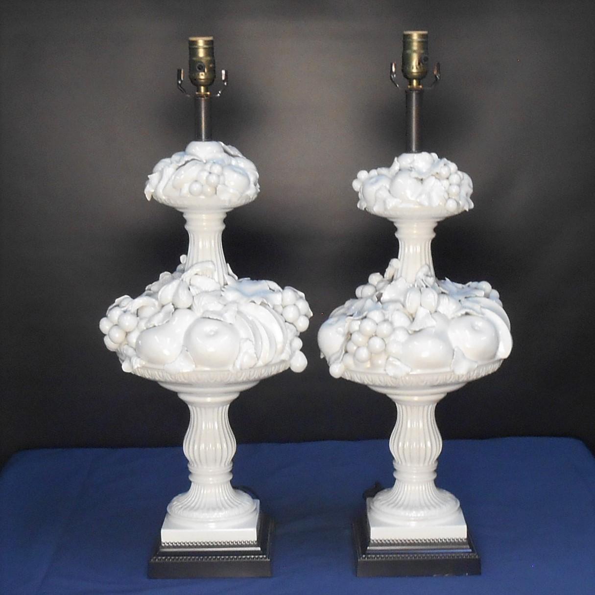 Glazed 1960's Italian Blanc De Chine Fruit Topiary Table Lamps, a Pair