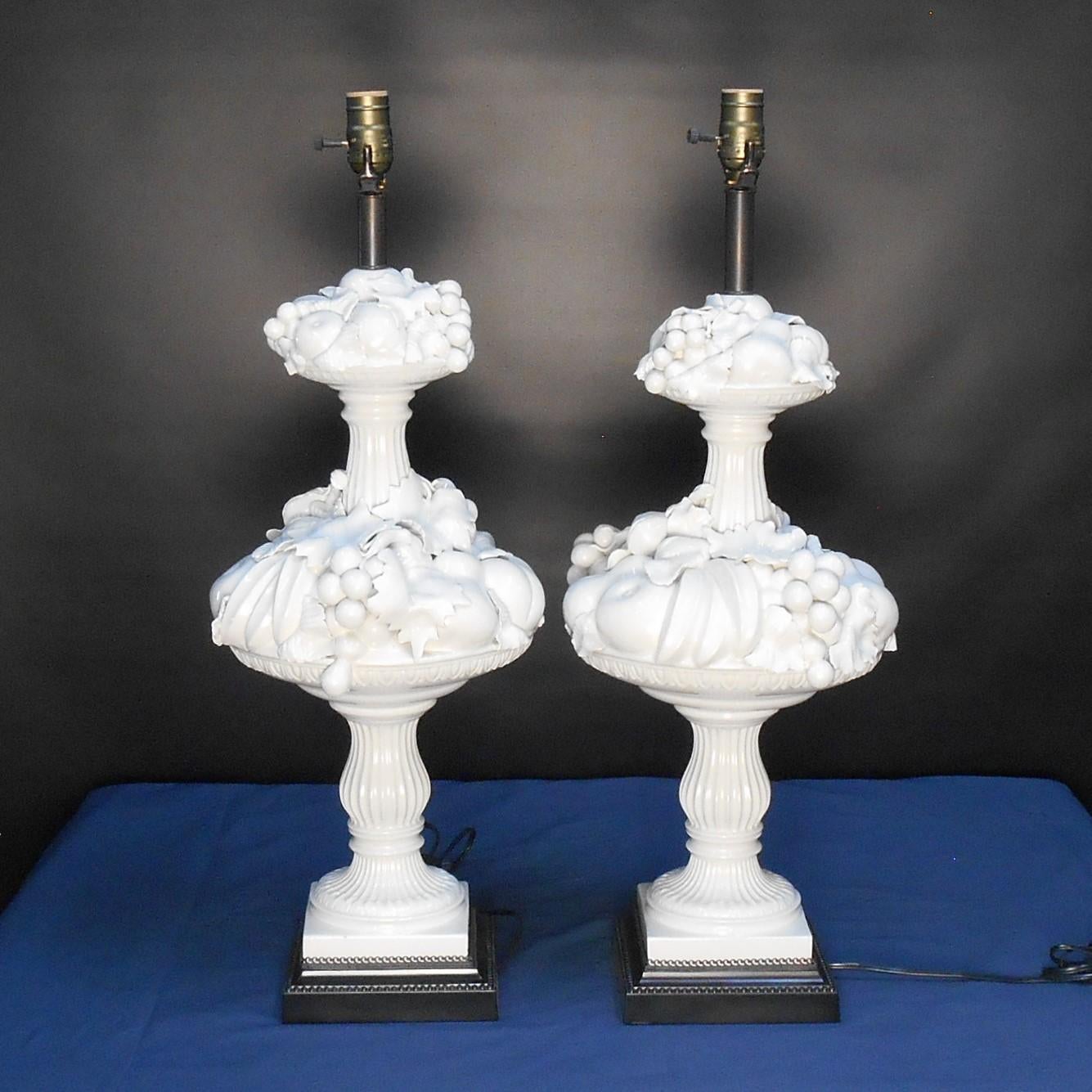 Mid-20th Century 1960's Italian Blanc De Chine Fruit Topiary Table Lamps, a Pair