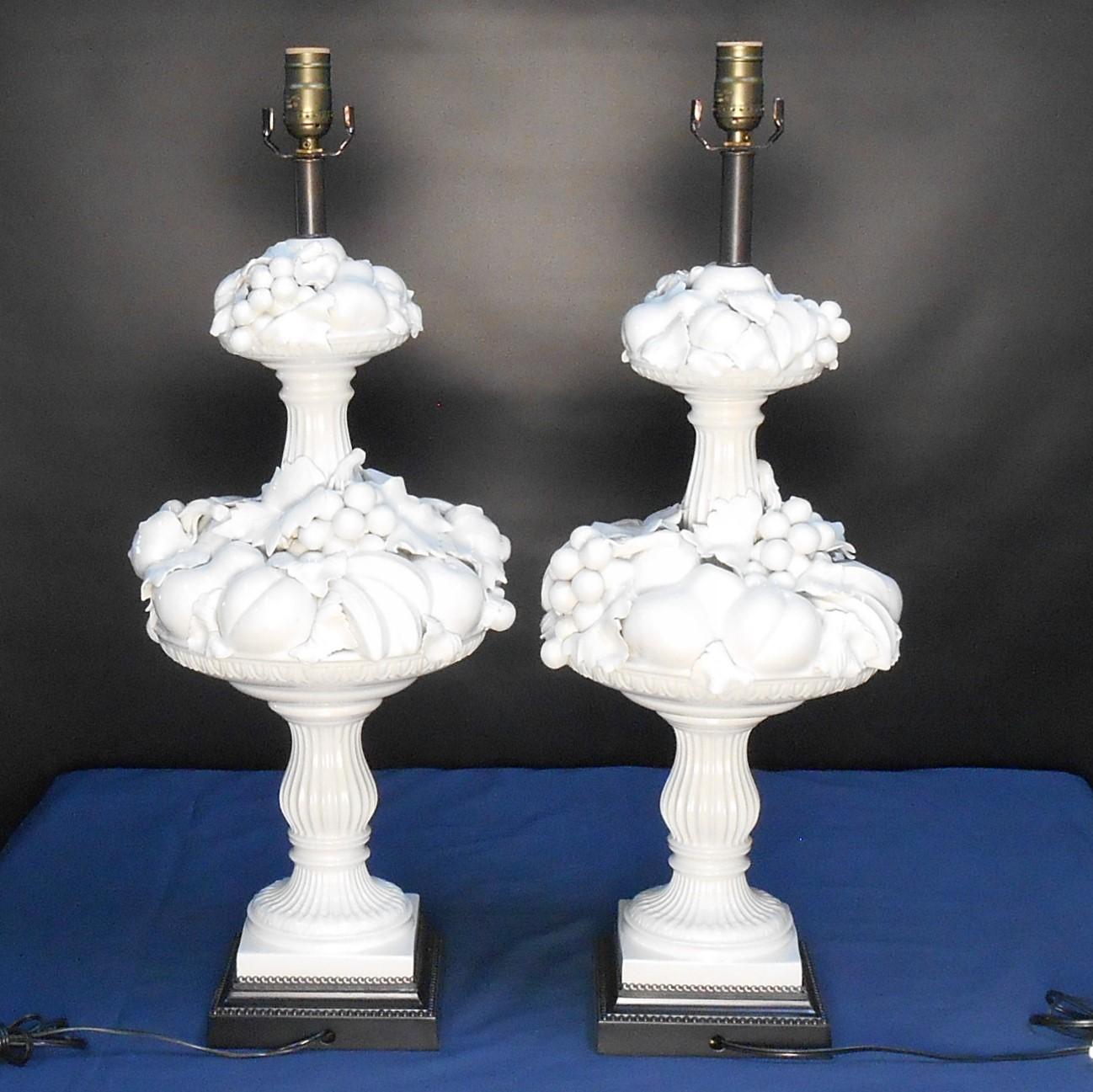 Metal 1960's Italian Blanc De Chine Fruit Topiary Table Lamps, a Pair