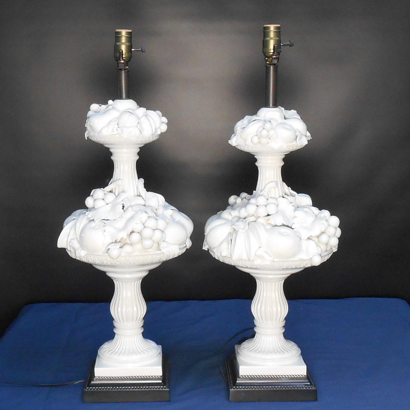 1960's Italian Blanc De Chine Fruit Topiary Table Lamps, a Pair 1