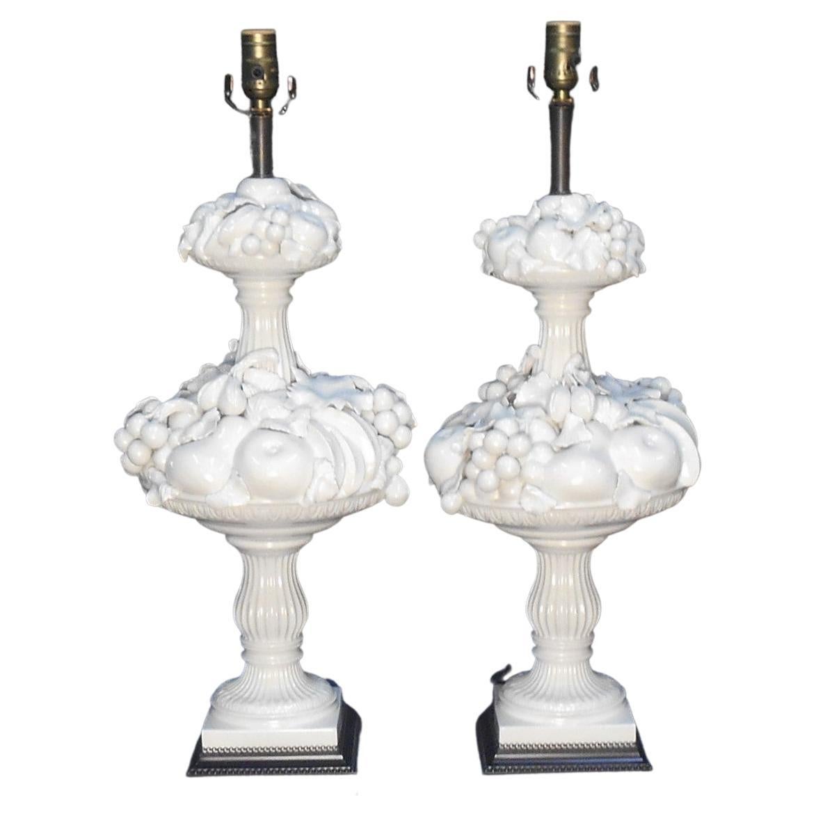 1960's Italian Blanc De Chine Fruit Topiary Table Lamps, a Pair