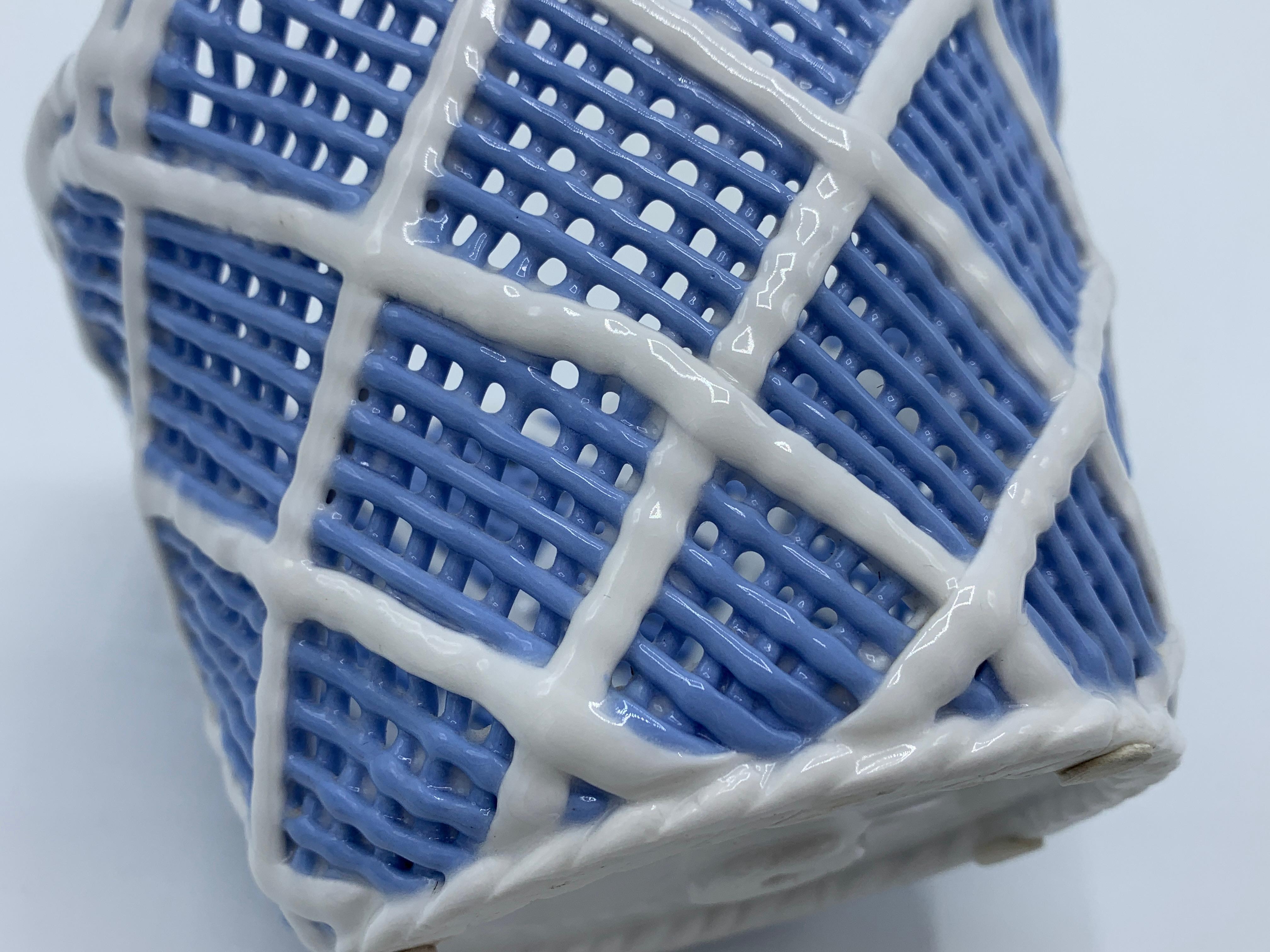 1960s Italian Blue and White Porcelain Basketweave Cachepot 3