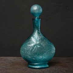 1960s Italian Blue Pressed Leaf MCM Empoli Art Glass Decanter with Ball Stopper