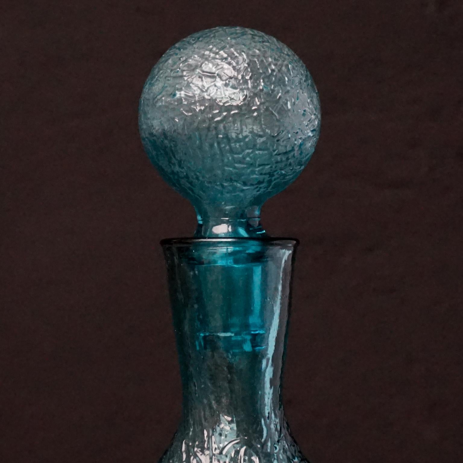 Mid-Century Modern 1960s Italian Blue Pressed Leaf MCM Empoli Art Glass Decanter with Ball Stopper