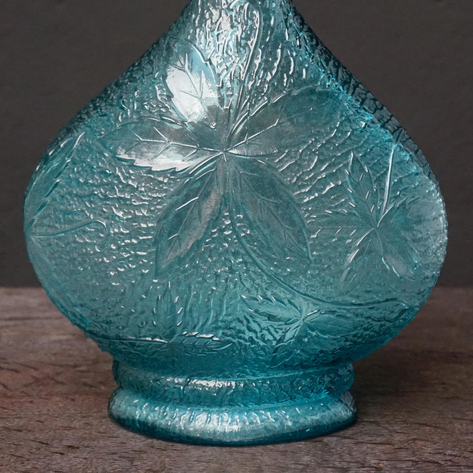 20th Century 1960s Italian Blue Pressed Leaf MCM Empoli Art Glass Decanter with Ball Stopper
