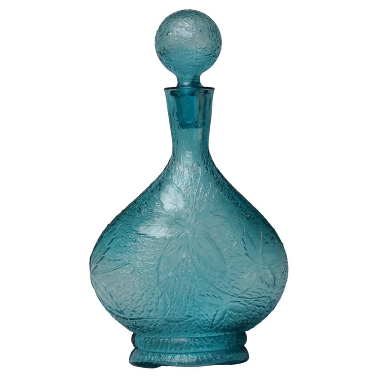 1960s Italian Blue Pressed Leaf MCM Empoli Art Glass Decanter with Ball