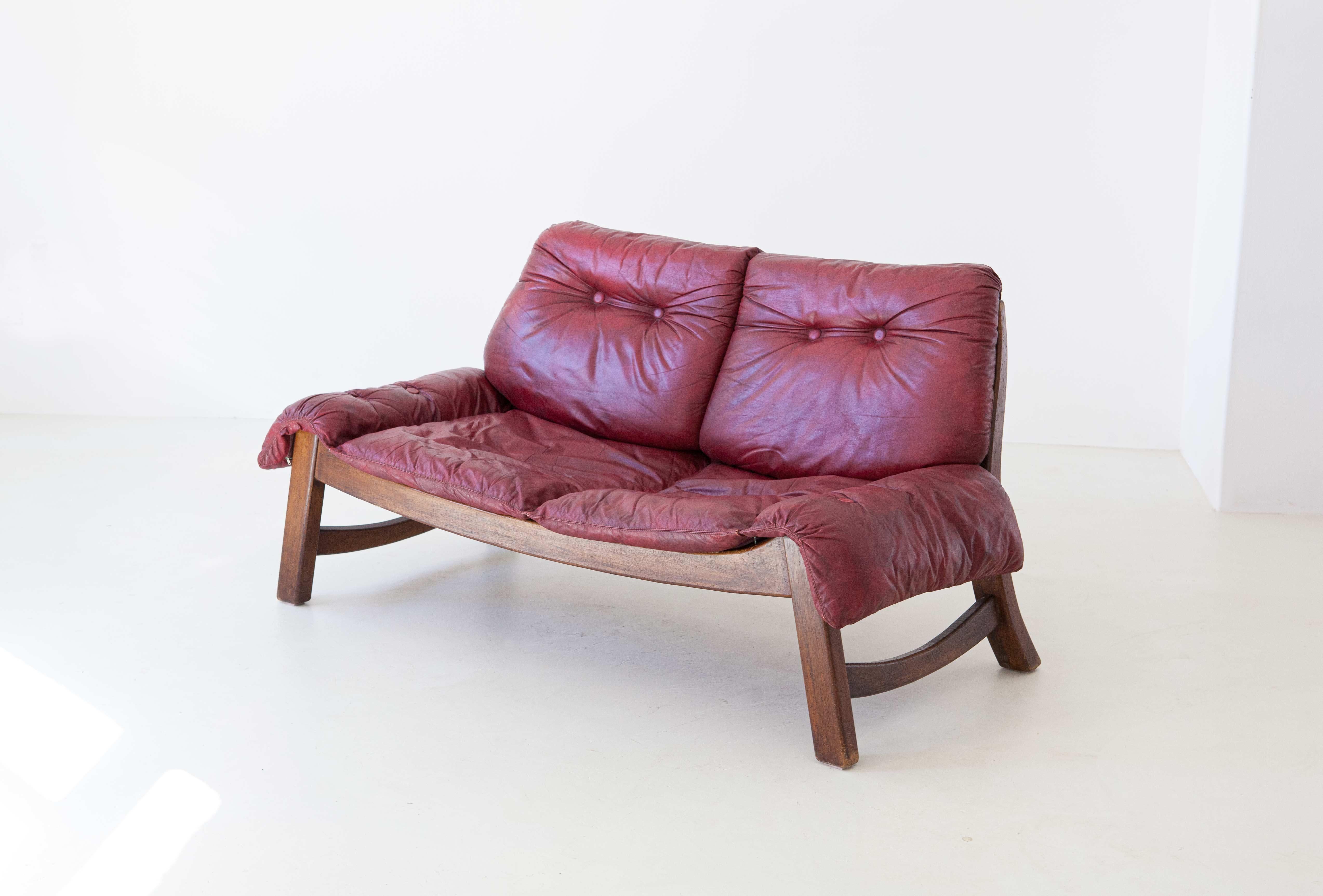 Mid-20th Century 1960s Italian Bordeaux Leather with Wooden Frame Sofa