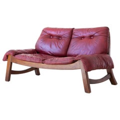 1960s Italian Bordeaux Leather with Wooden Frame Sofa