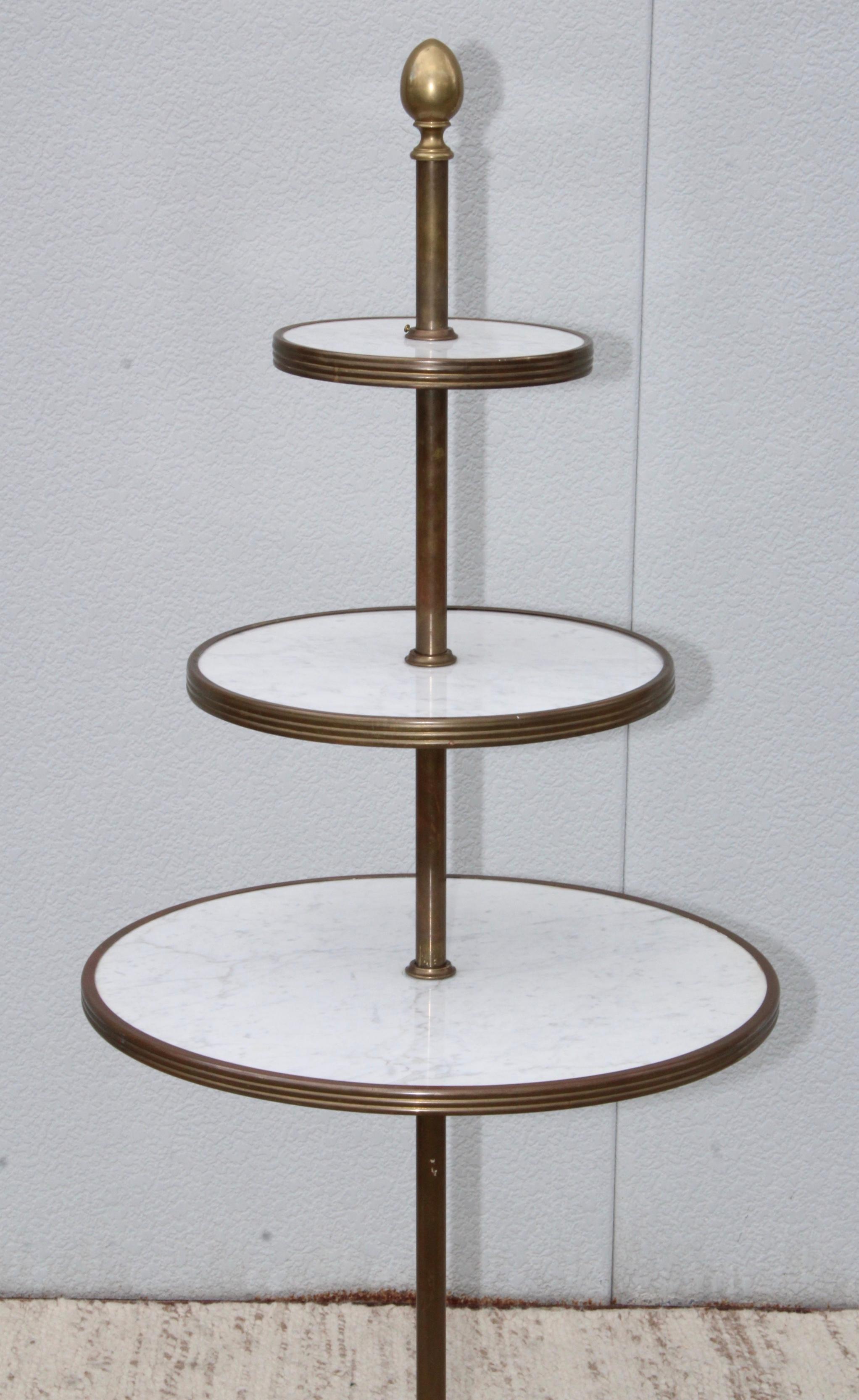 1960's solid brass and carrara marble 3 tier display shelf, in vintage original condition with some wear and patina due to age and use.