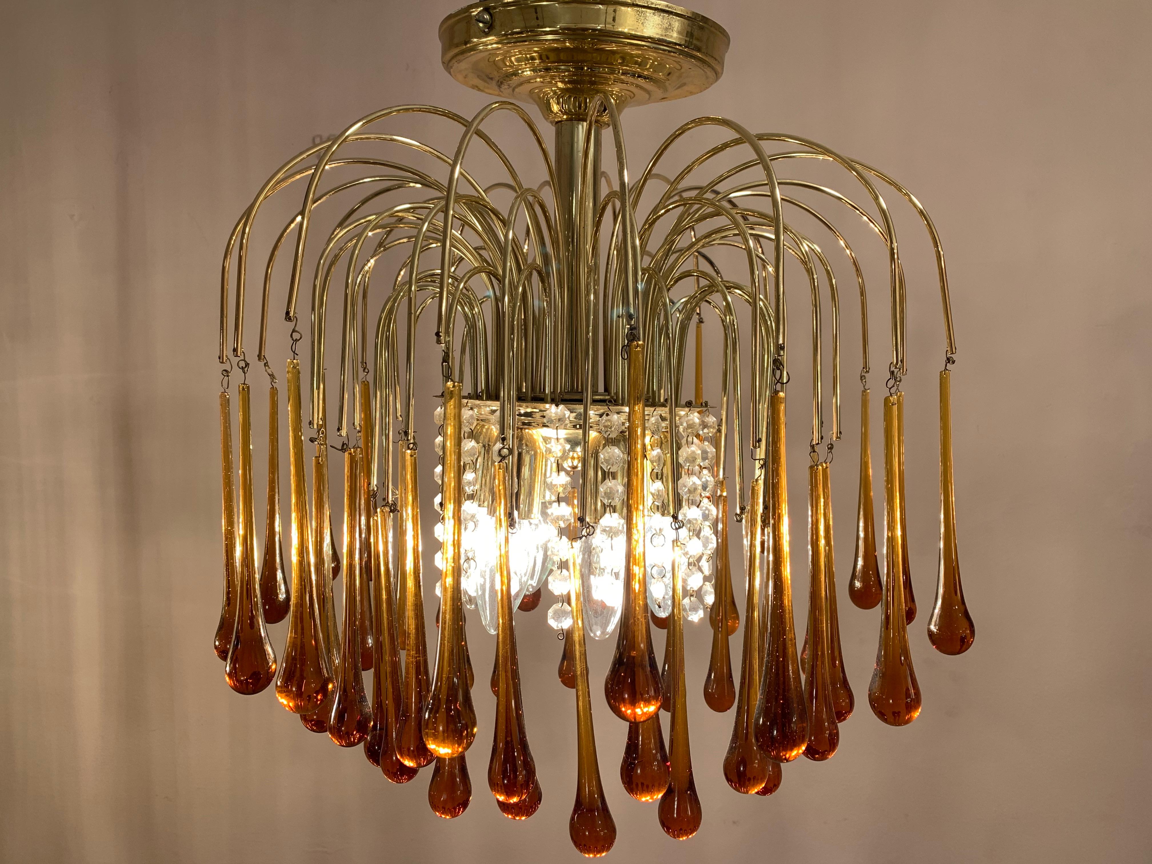 Mid-Century Modern 1960s Italian Brass and Murano Glass Flushmount Chandelier by Paolo Venini