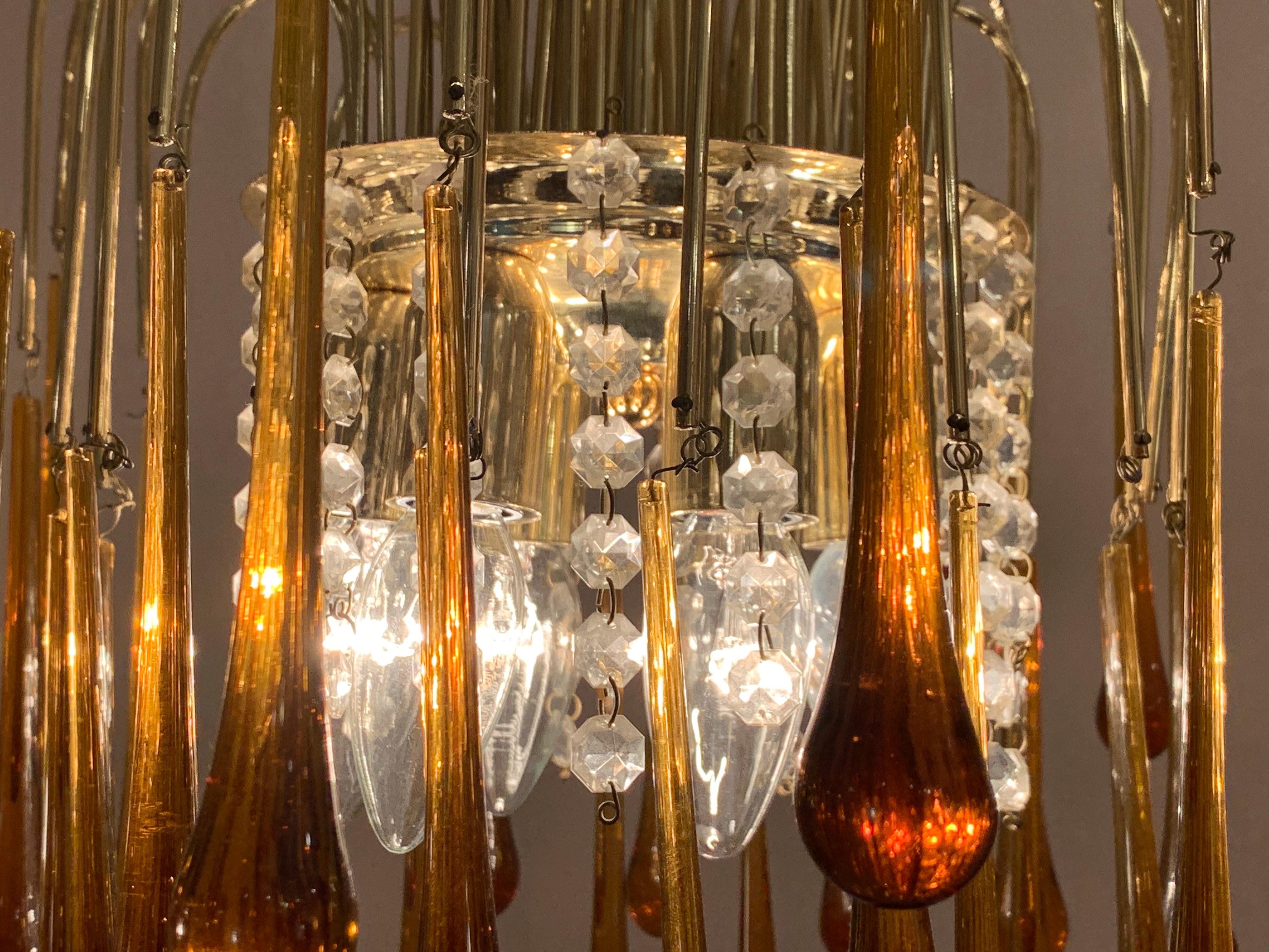 20th Century 1960s Italian Brass and Murano Glass Flushmount Chandelier by Paolo Venini