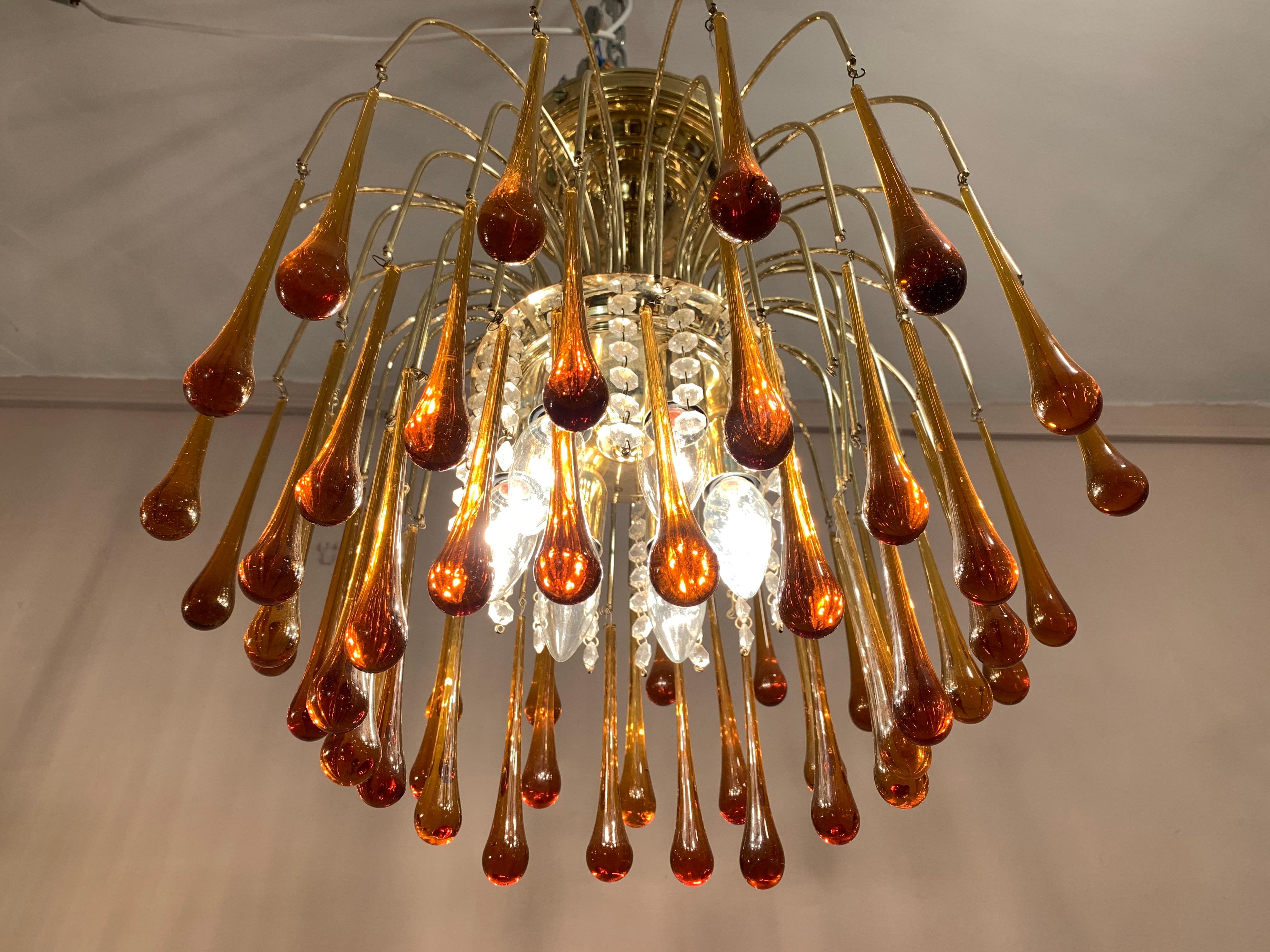 1960s Italian Brass and Murano Glass Flushmount Chandelier by Paolo Venini 2