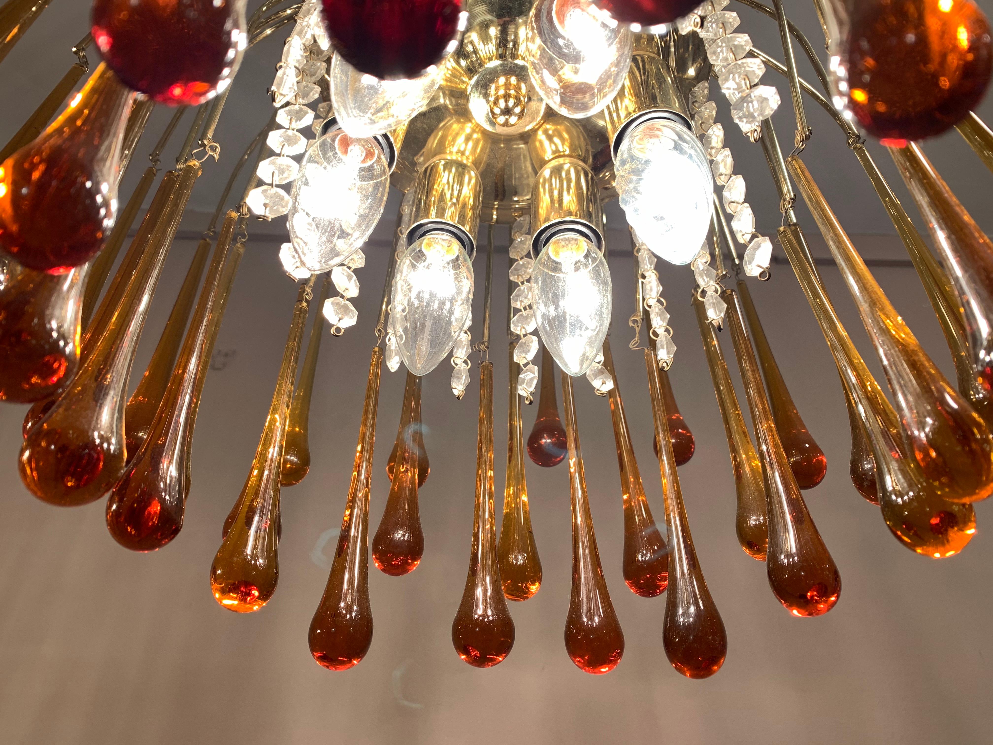 1960s Italian Brass and Murano Glass Flushmount Chandelier by Paolo Venini 4