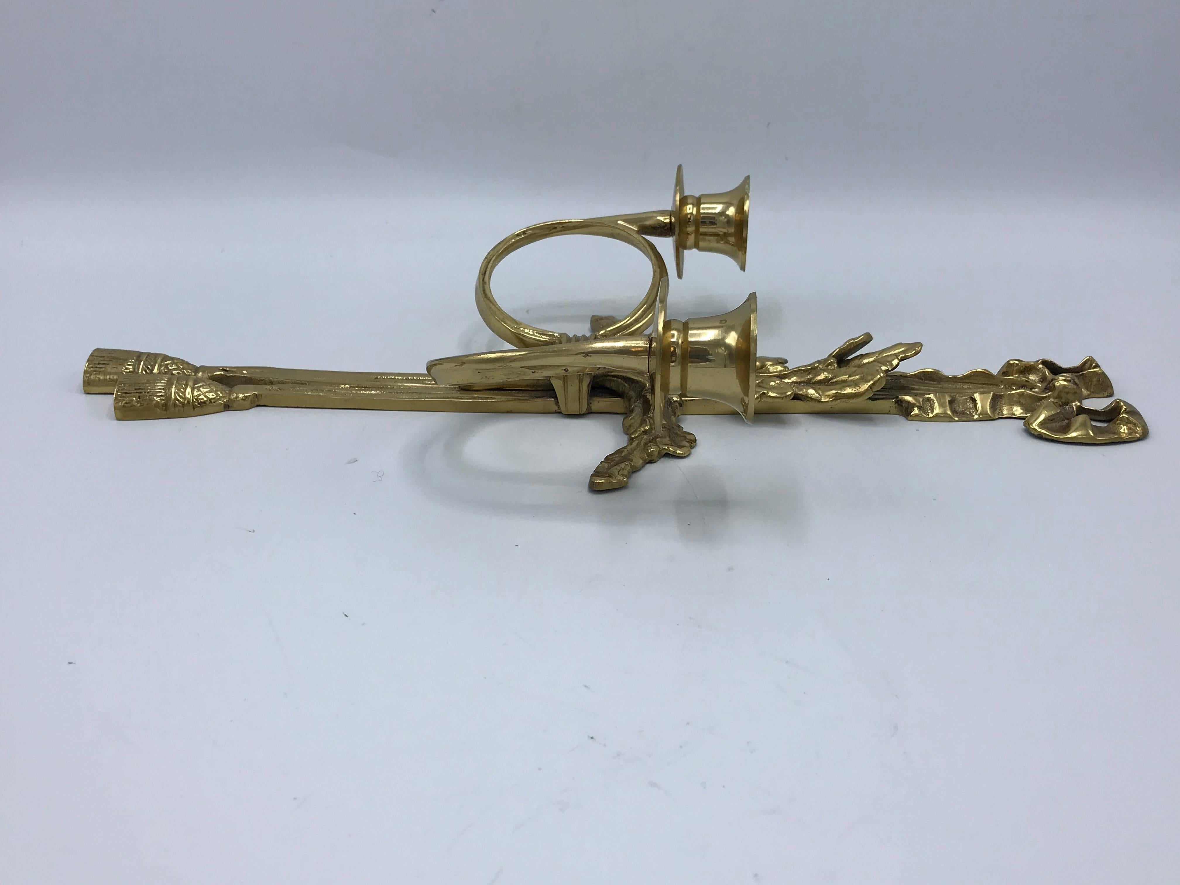 1960s Italian Brass Candlestick Sconce with Tassel and Laurel Wreath Motif, Pair 6