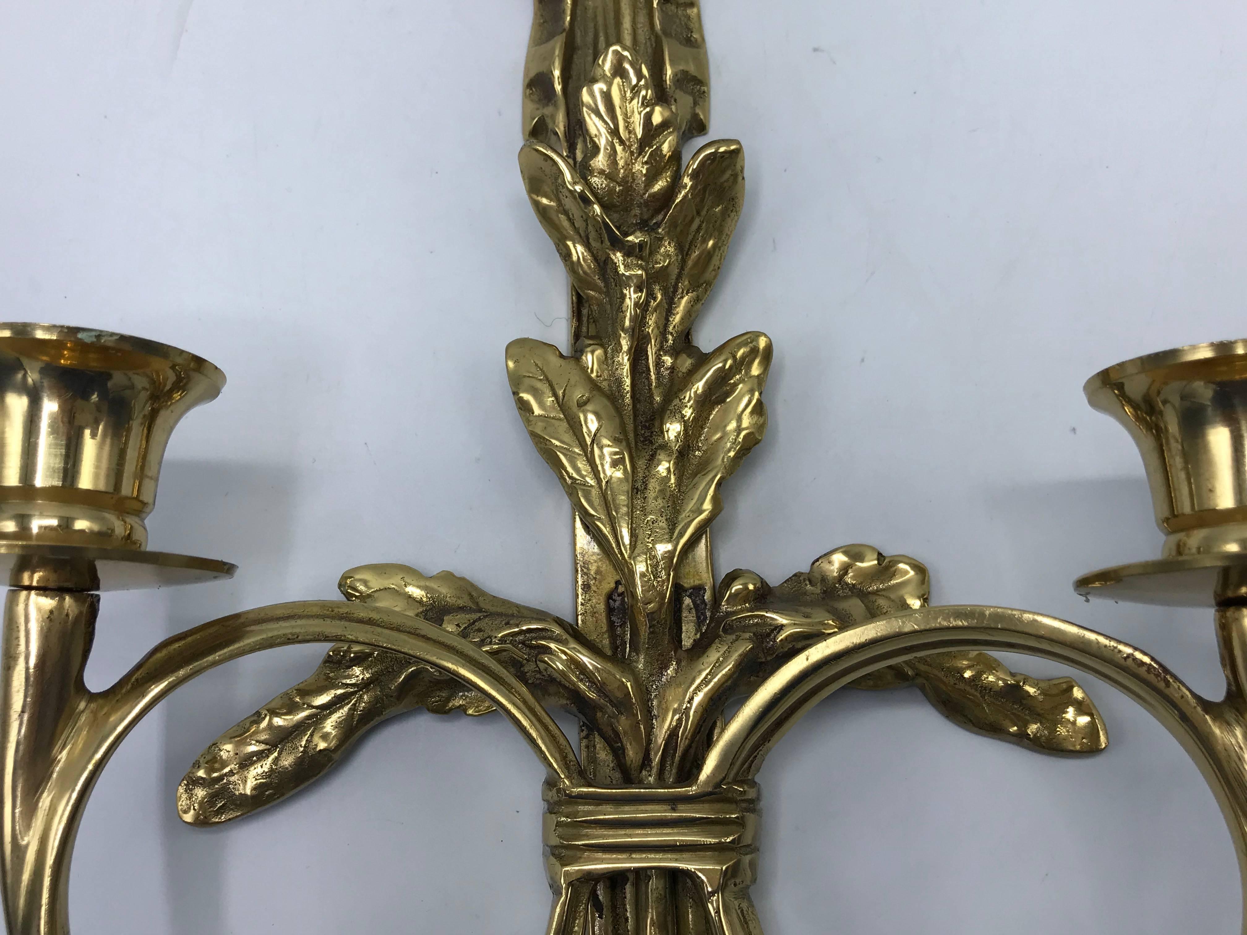 1960s Italian Brass Candlestick Sconce with Tassel and Laurel Wreath Motif, Pair In Good Condition In Richmond, VA