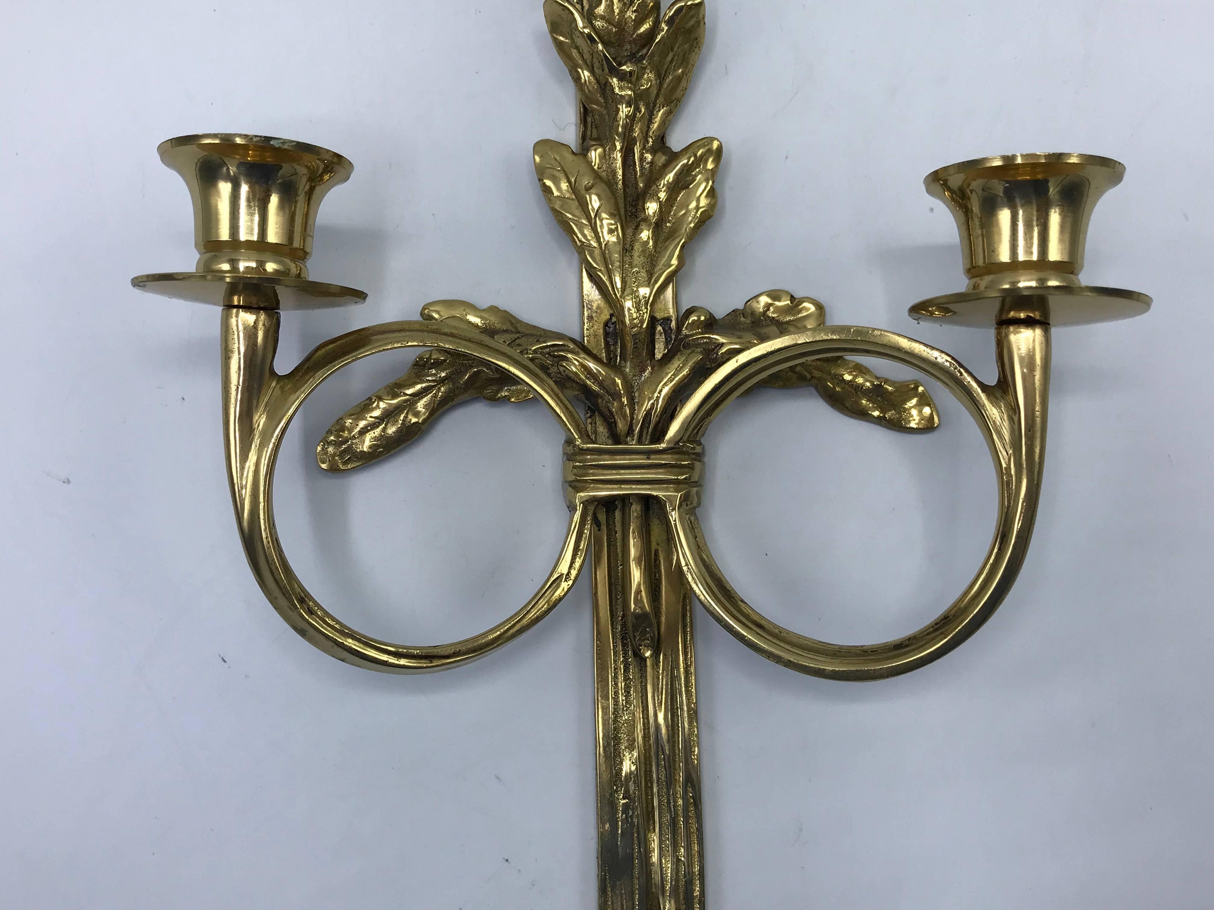 20th Century 1960s Italian Brass Candlestick Sconce with Tassel and Laurel Wreath Motif, Pair