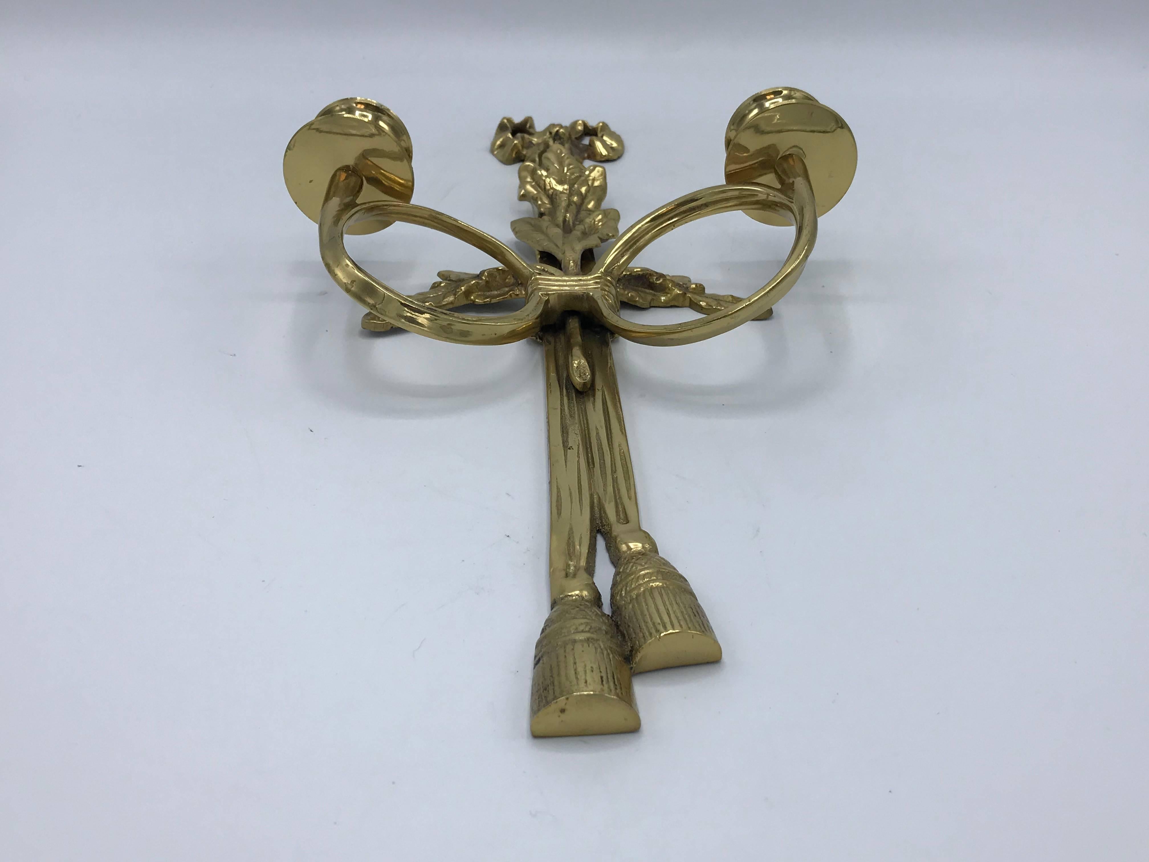 1960s Italian Brass Candlestick Sconce with Tassel and Laurel Wreath Motif, Pair 3