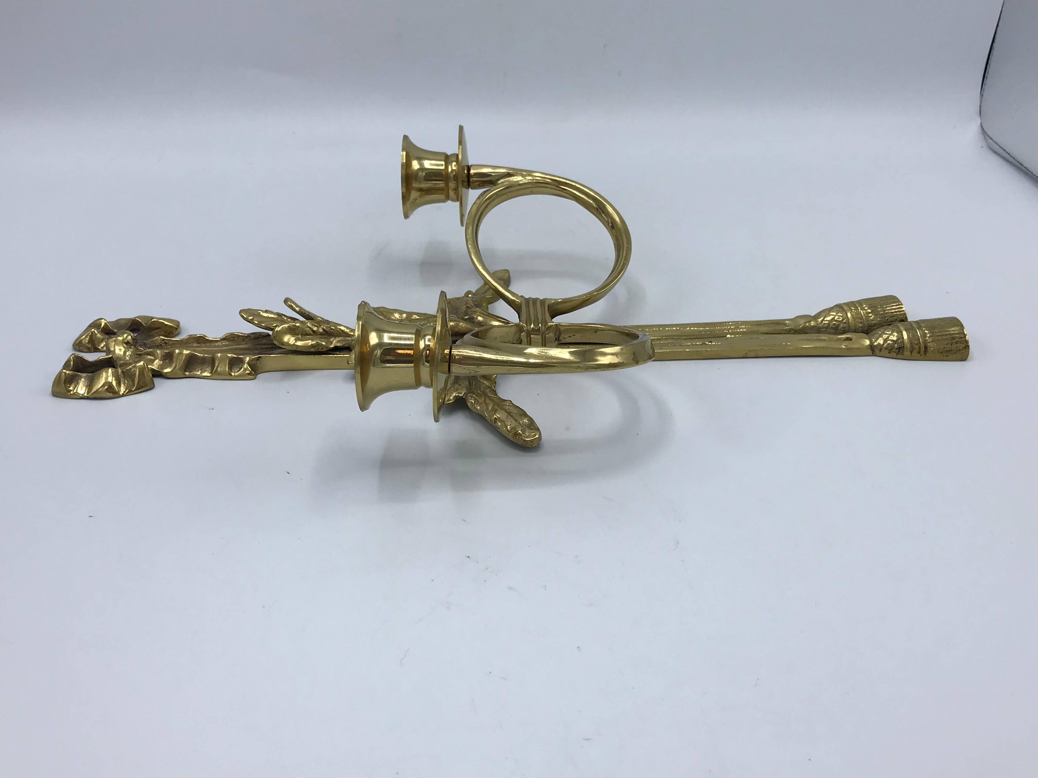 1960s Italian Brass Candlestick Sconce with Tassel and Laurel Wreath Motif, Pair 4