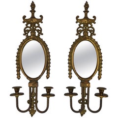 1960s Italian Brass Candlestick Wall Sconces with Mirror, Pair