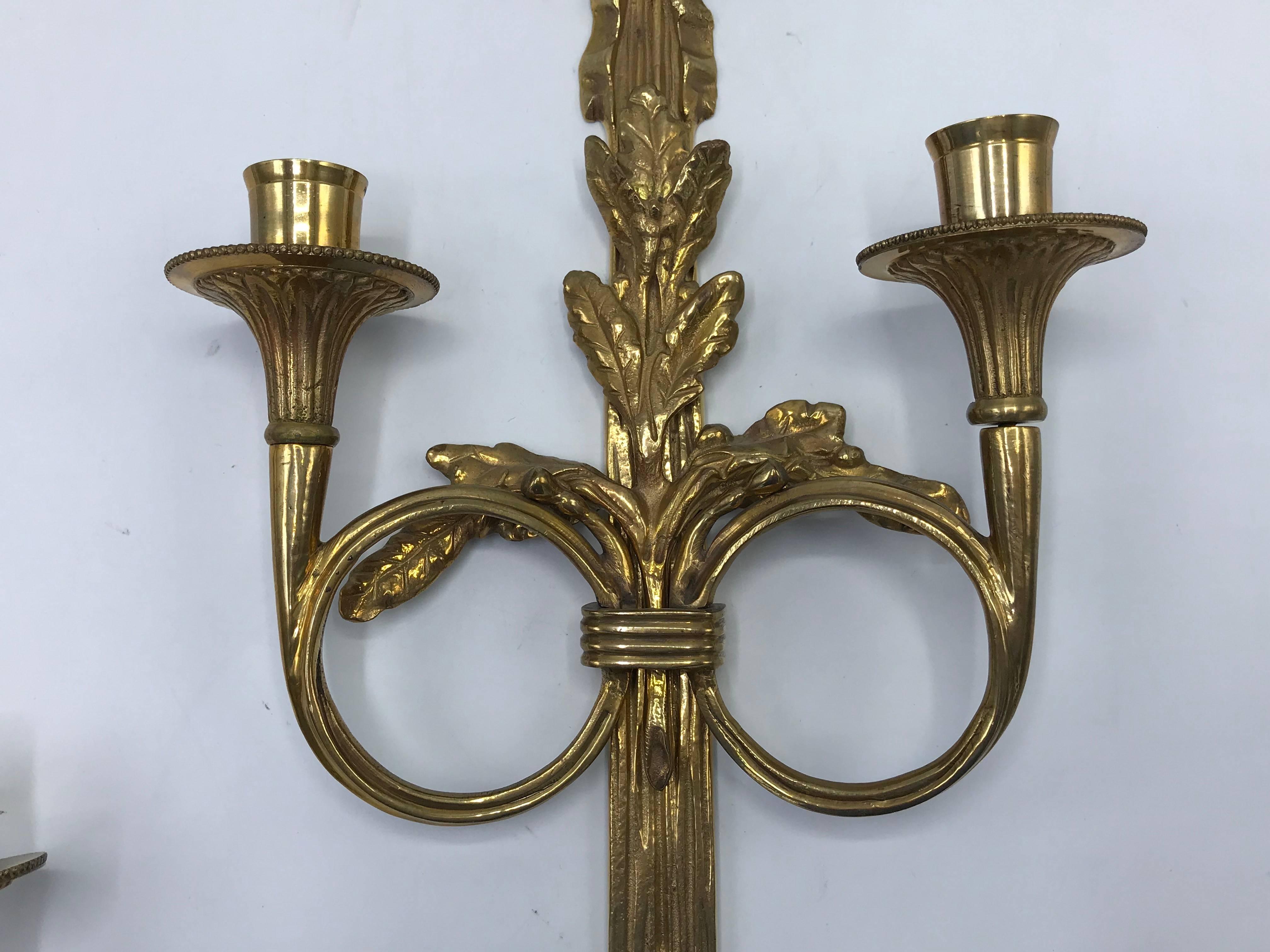 1960s Italian Brass Candlestick Wall Sconces with Tassel and Bow Motif, Pair In Good Condition In Richmond, VA