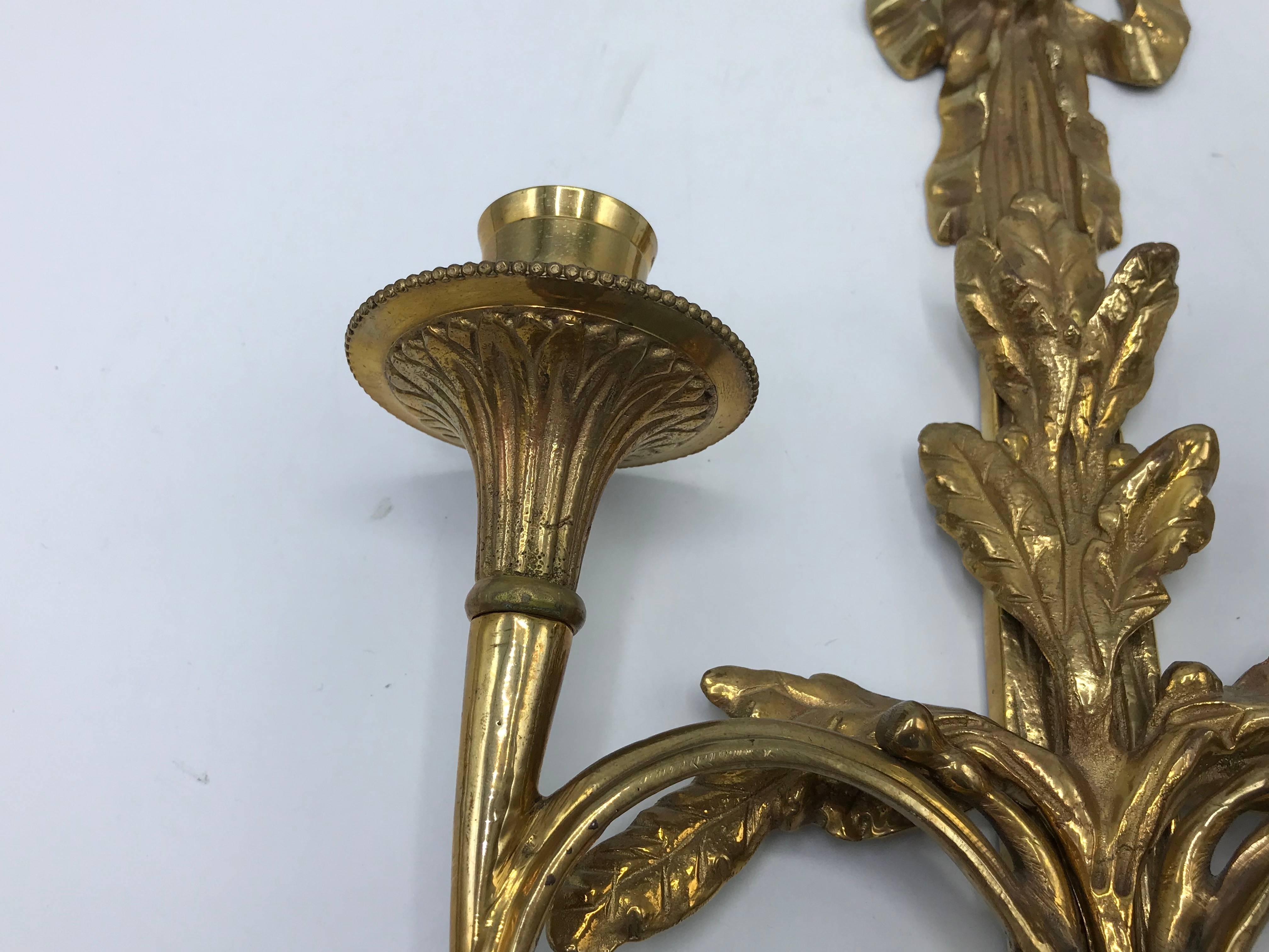 20th Century 1960s Italian Brass Candlestick Wall Sconces with Tassel and Bow Motif, Pair