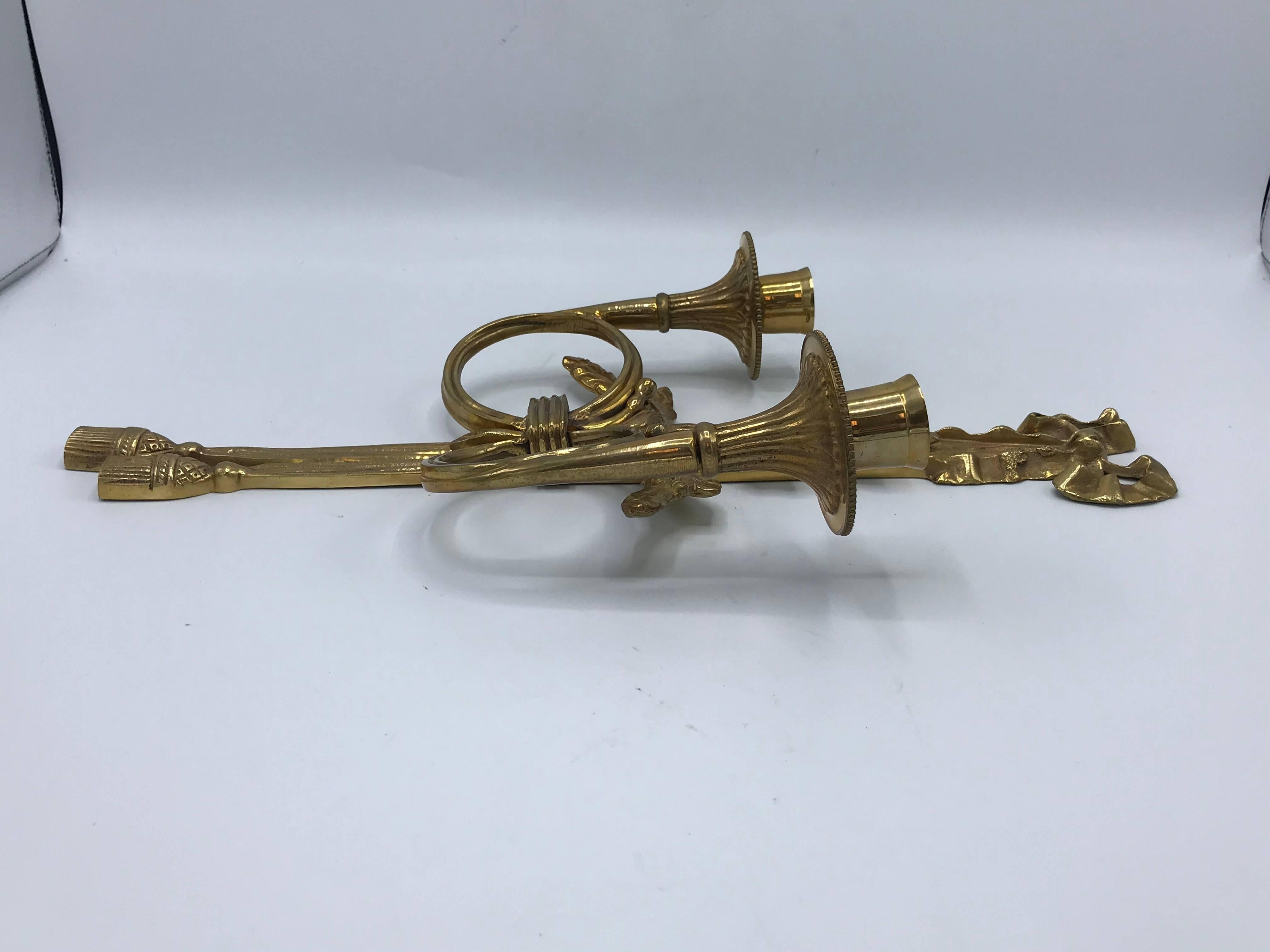 1960s Italian Brass Candlestick Wall Sconces with Tassel and Bow Motif, Pair 4