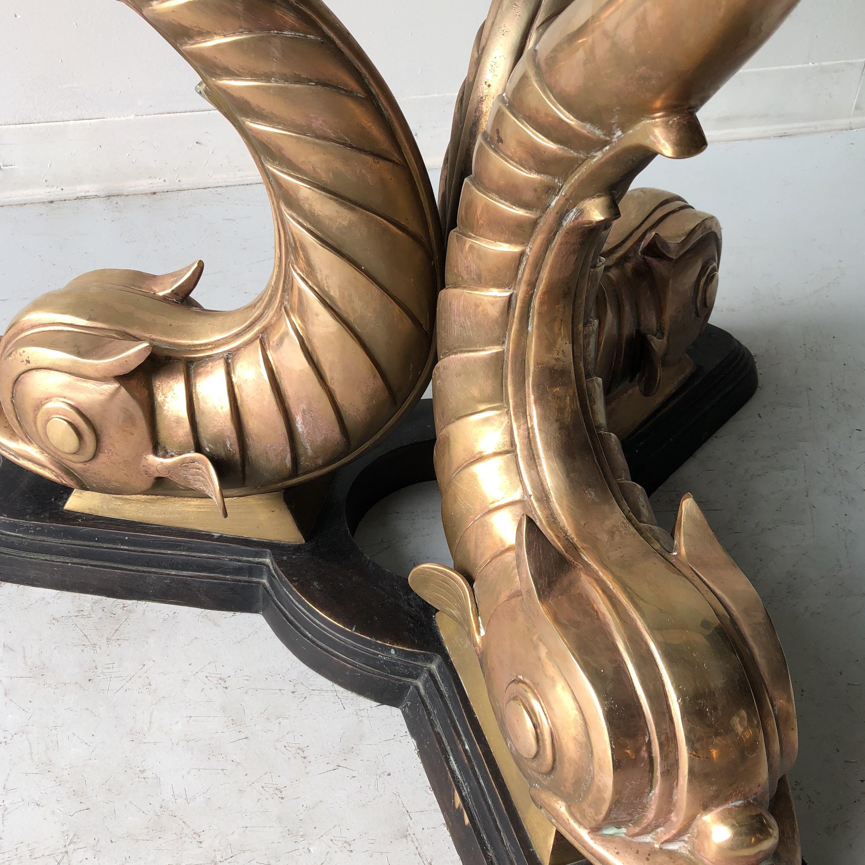 Hollywood Regency 1960s Italian Brass Koi Fish Dining or Entry Table Base