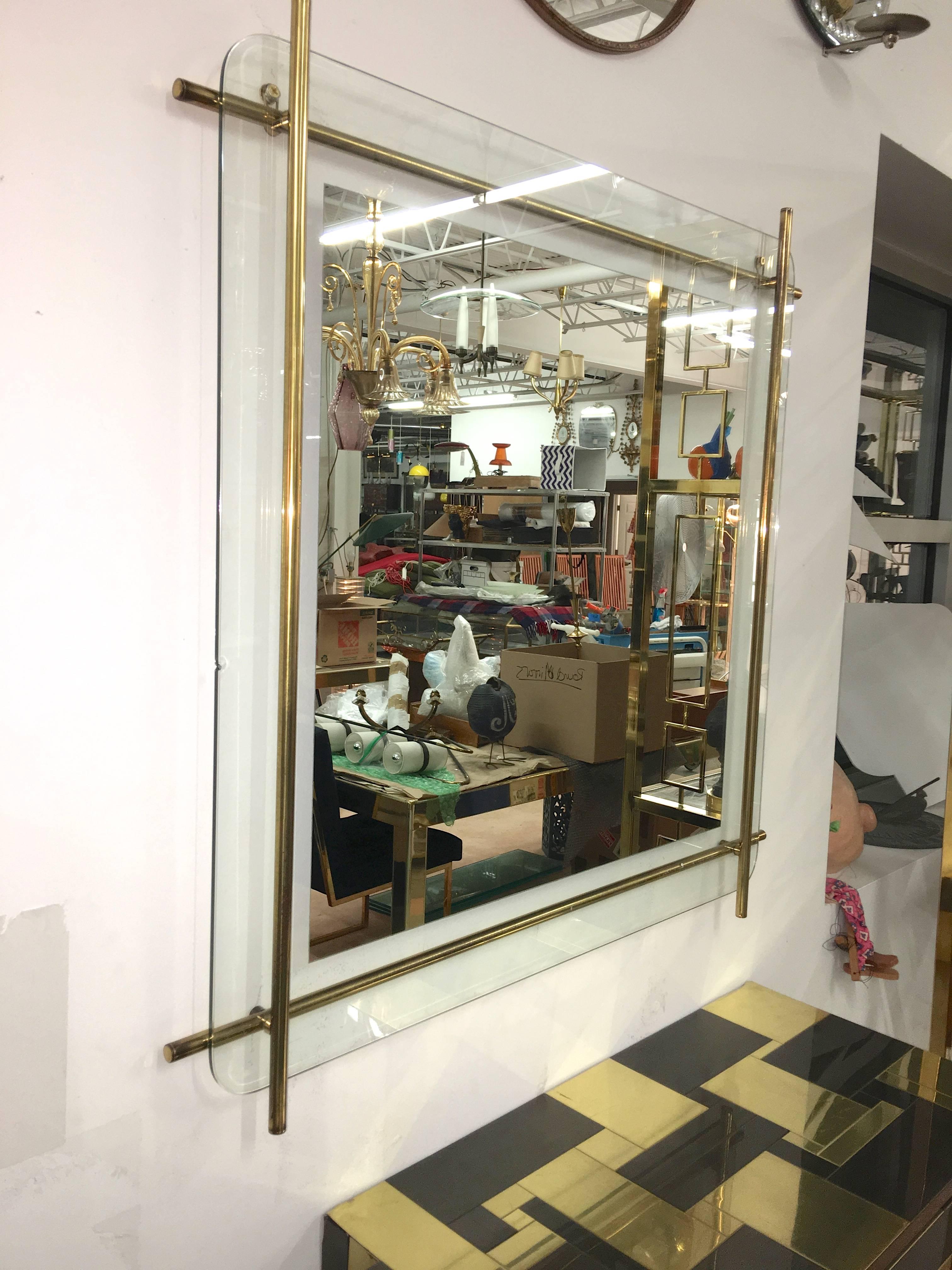 1960's Italian Brass Rod Framed Square Mirror In Good Condition In Hanover, MA