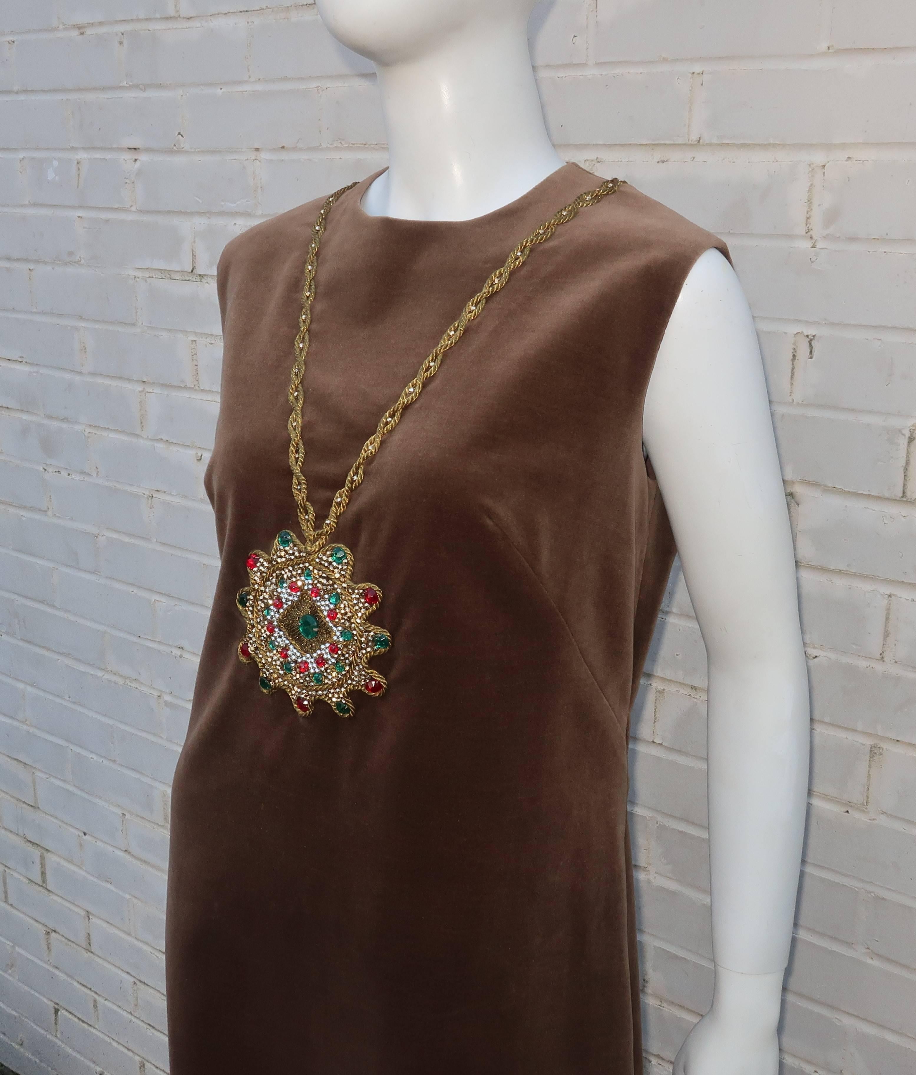 1960's Italian Brown Velveteen Dress With Trompe L'oeil Necklace 1