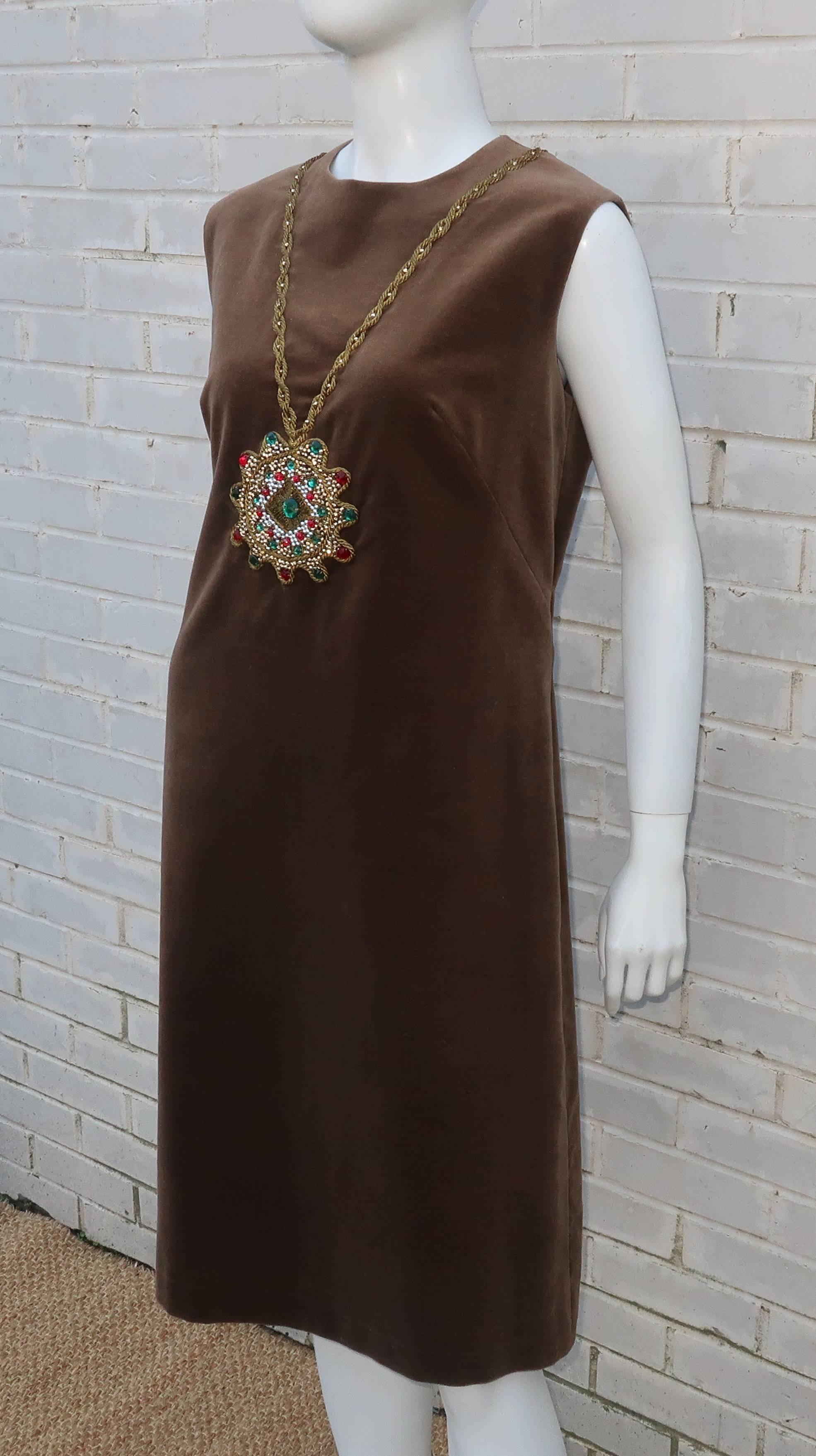 1960's Italian Brown Velveteen Dress With Trompe L'oeil Necklace 2