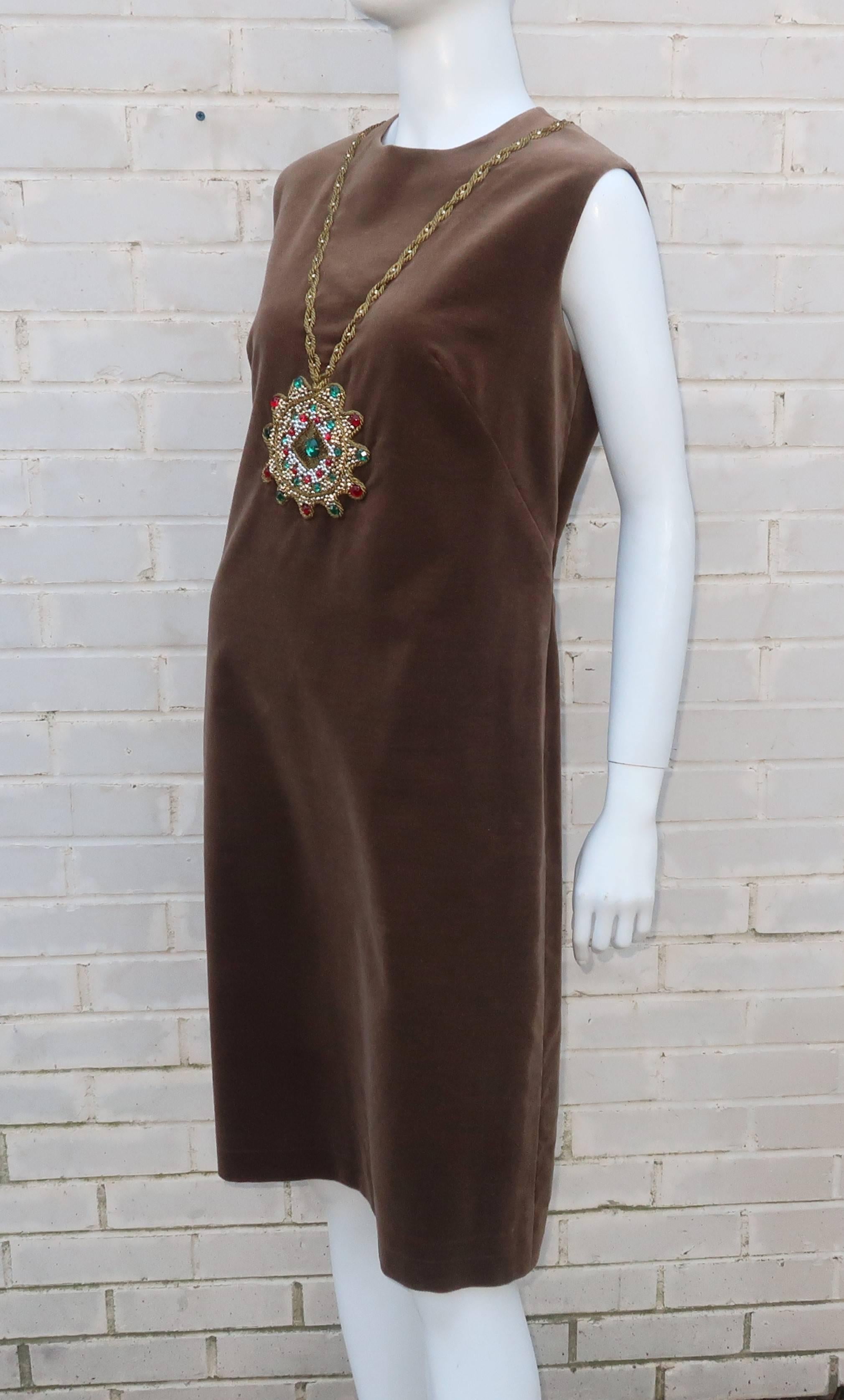 1960's Italian Brown Velveteen Dress With Trompe L'oeil Necklace 3