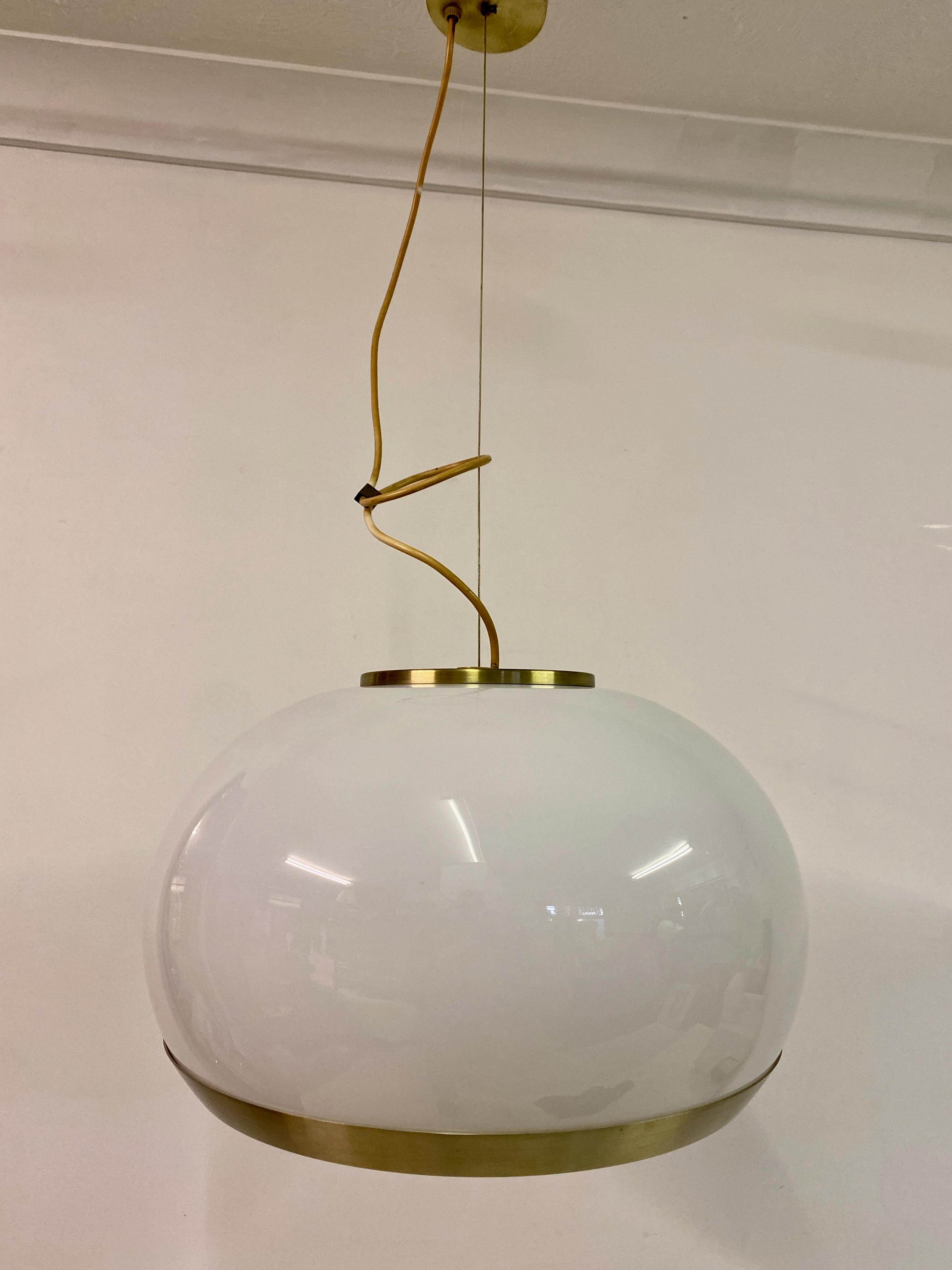 20th Century 1960s Italian Brushed Brass and White Glass Pendant For Sale