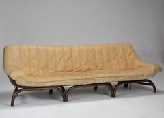 Italian Modernist Rattan Sofa with Caramel Aniline Leather