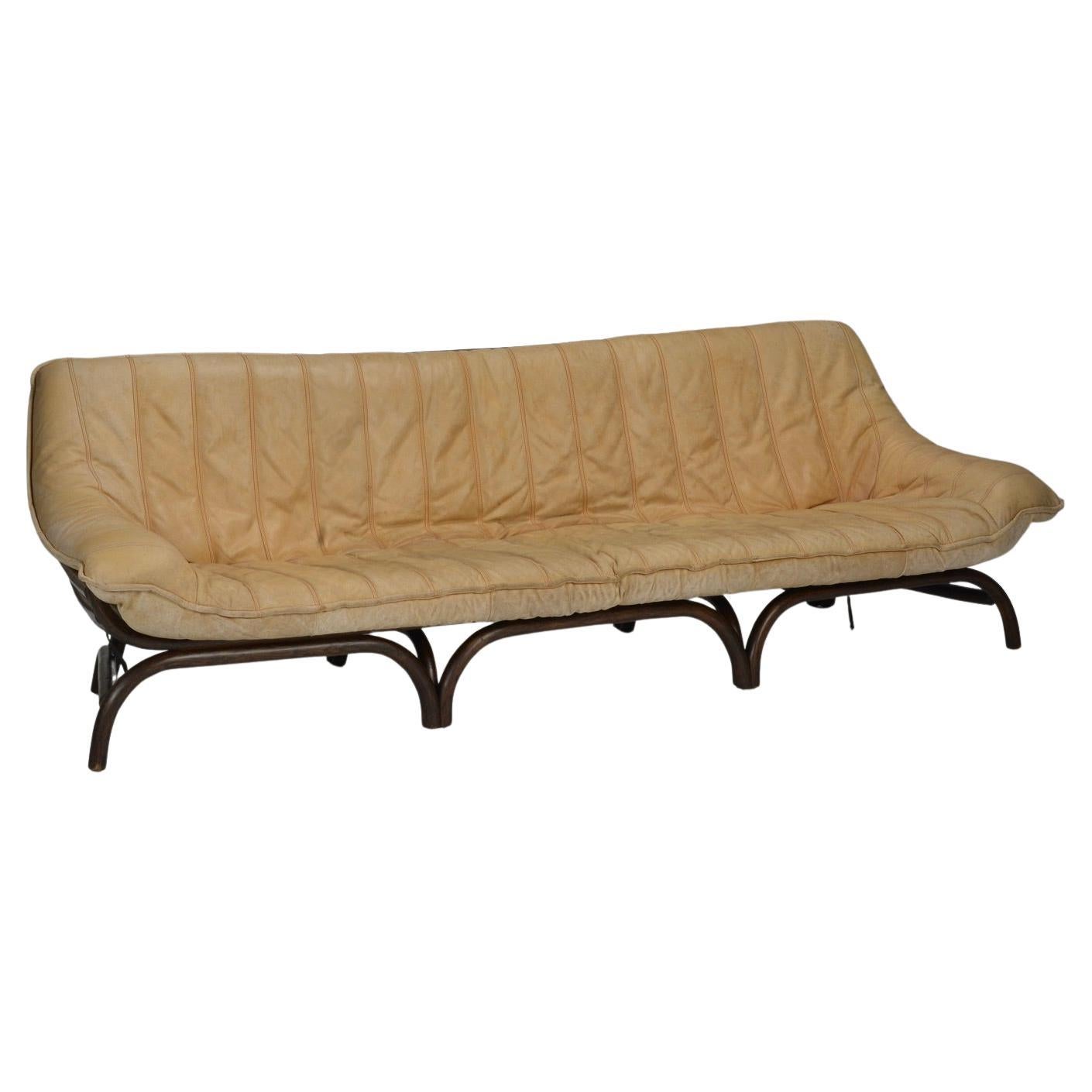Italian Modernist Rattan Sofa with Caramel Aniline Leather
