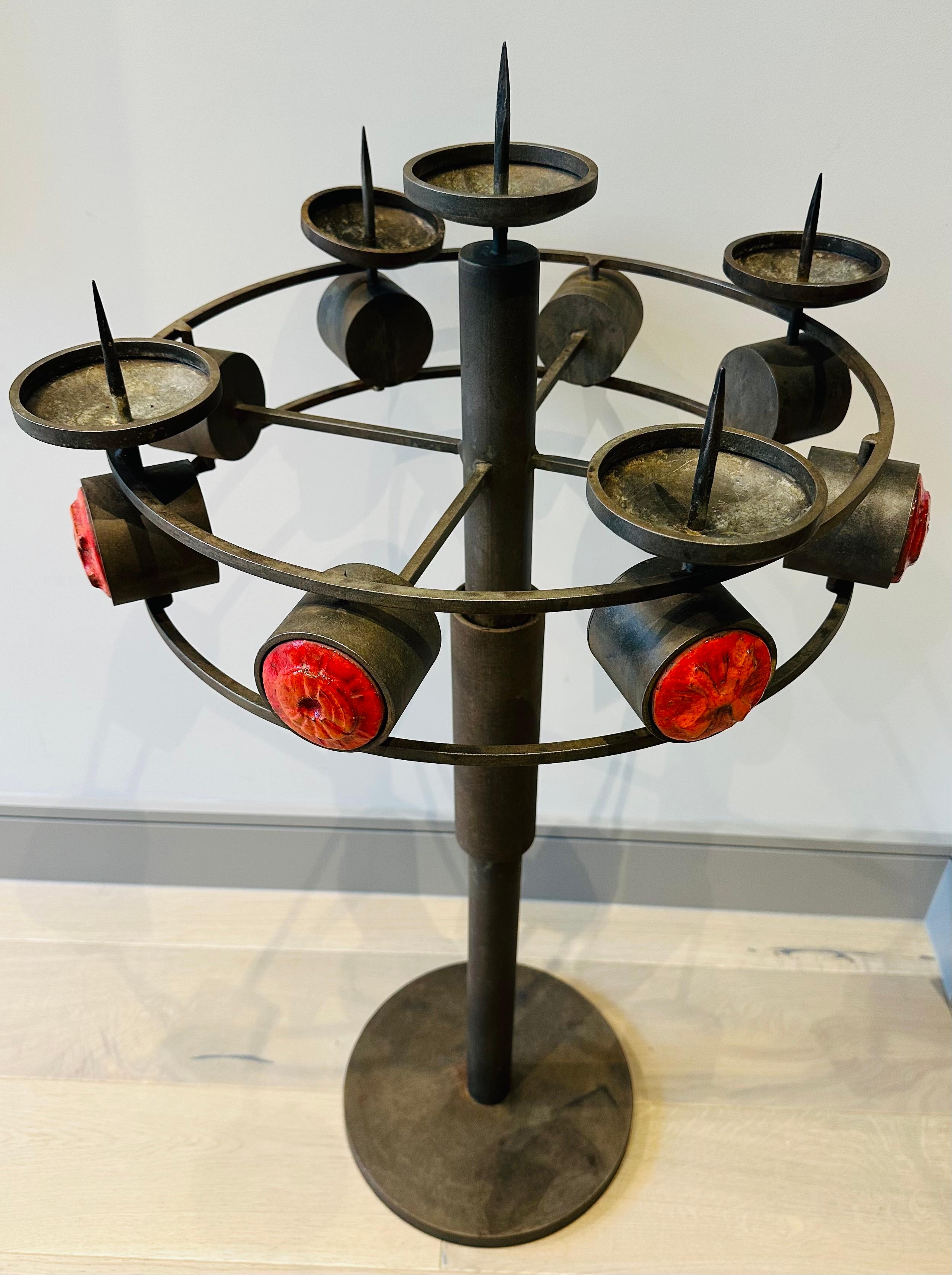 20th Century 1960s Italian Brutalist Mediavel Iron and Ceramic Floor Standing Candleholder For Sale