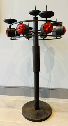 1960s Italian Brutalist Mediavel Iron and Ceramic Floor Standing Candleholder