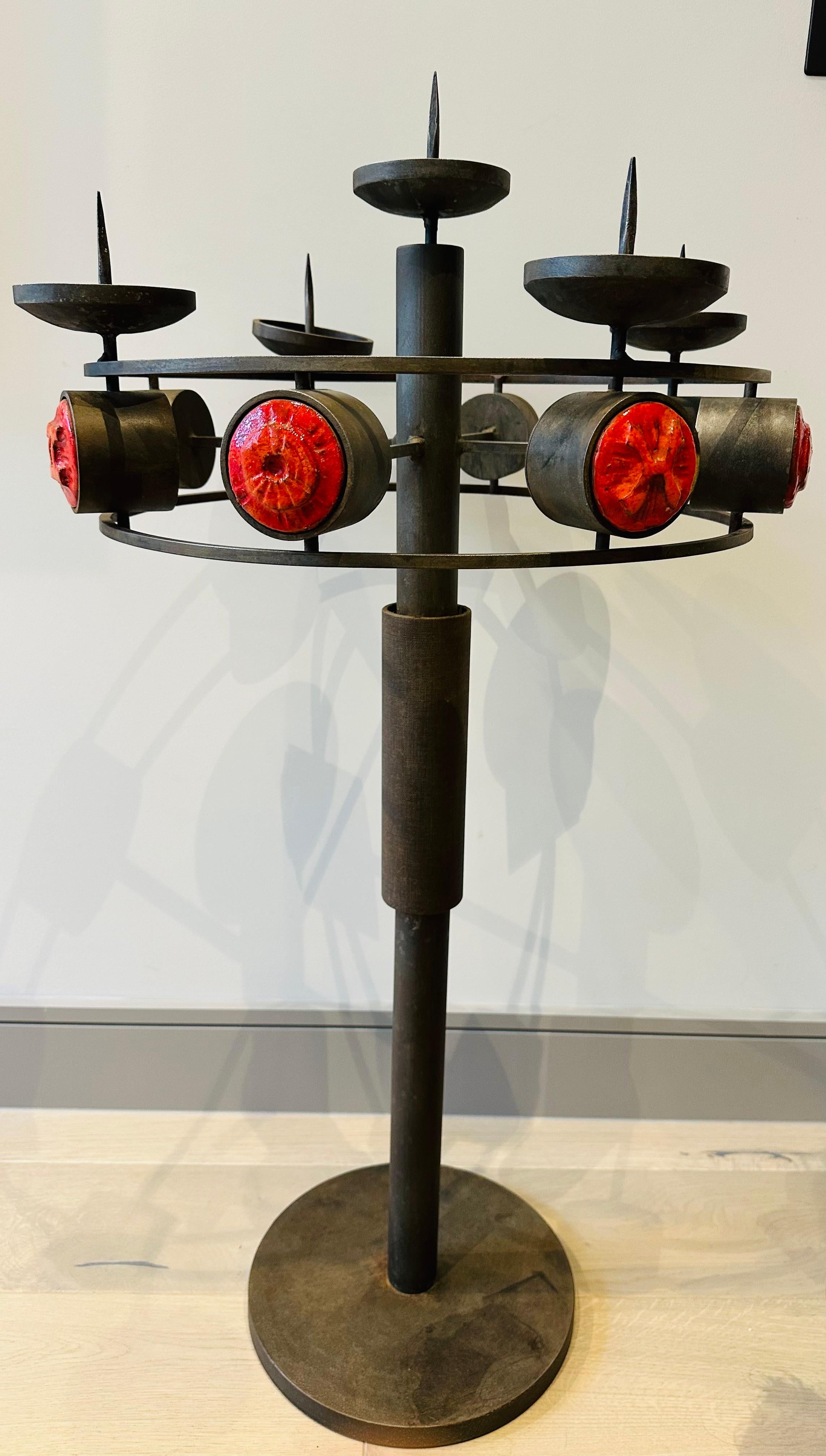 1960s Italian Brutalist Mediavel Iron and Ceramic Floor Standing Candleholder In Good Condition For Sale In London, GB
