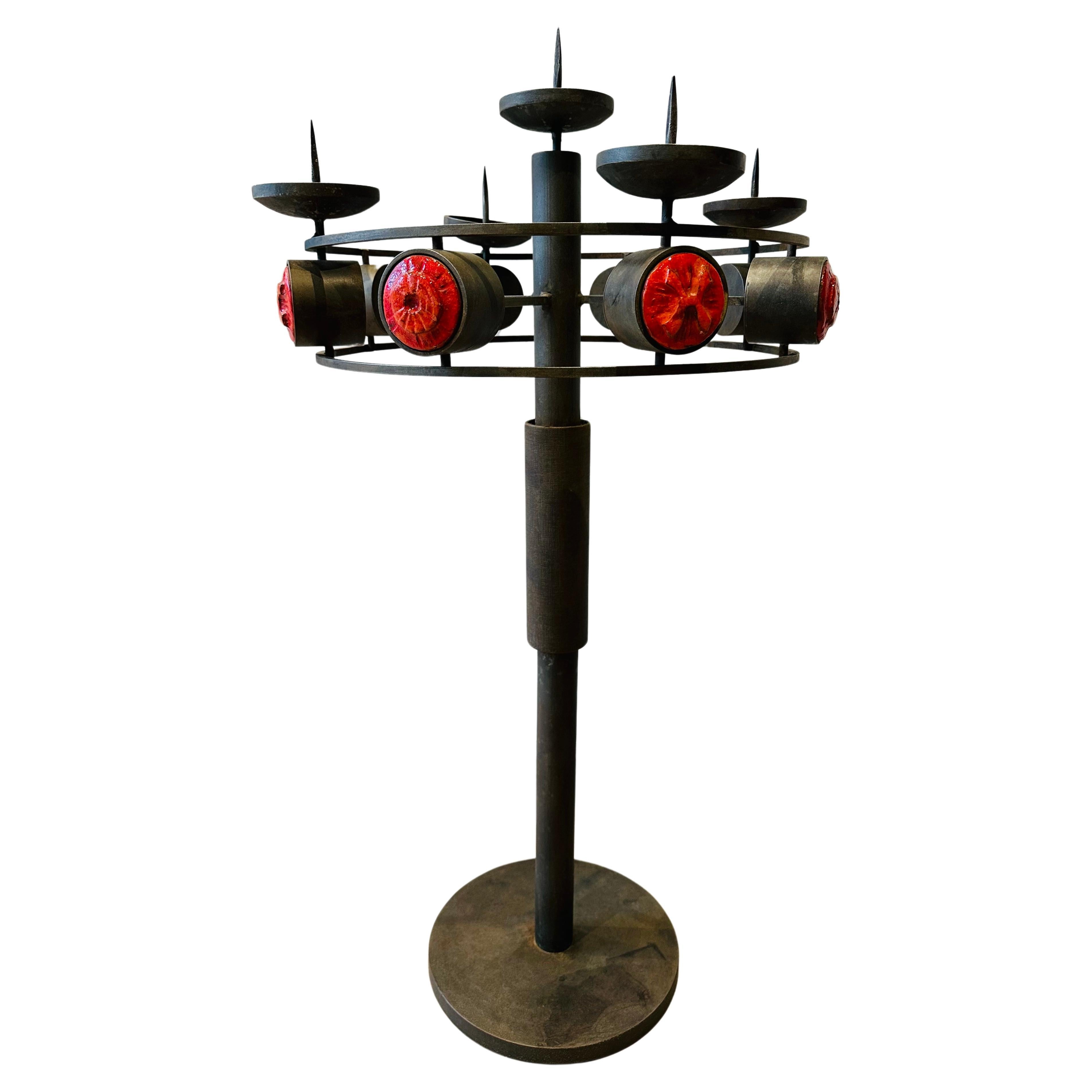 1960s Italian Brutalist Mediavel Iron and Ceramic Floor Standing Candleholder For Sale