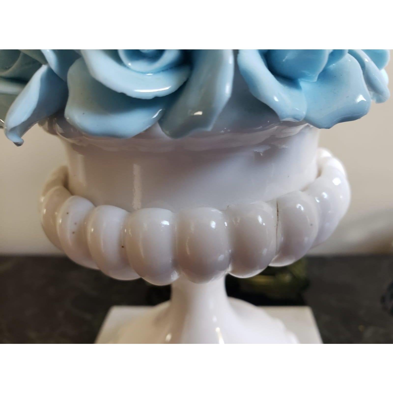 Other 1960s Italian Capodimonte Style Blue Rose Lamps with Carrara Marble Base For Sale