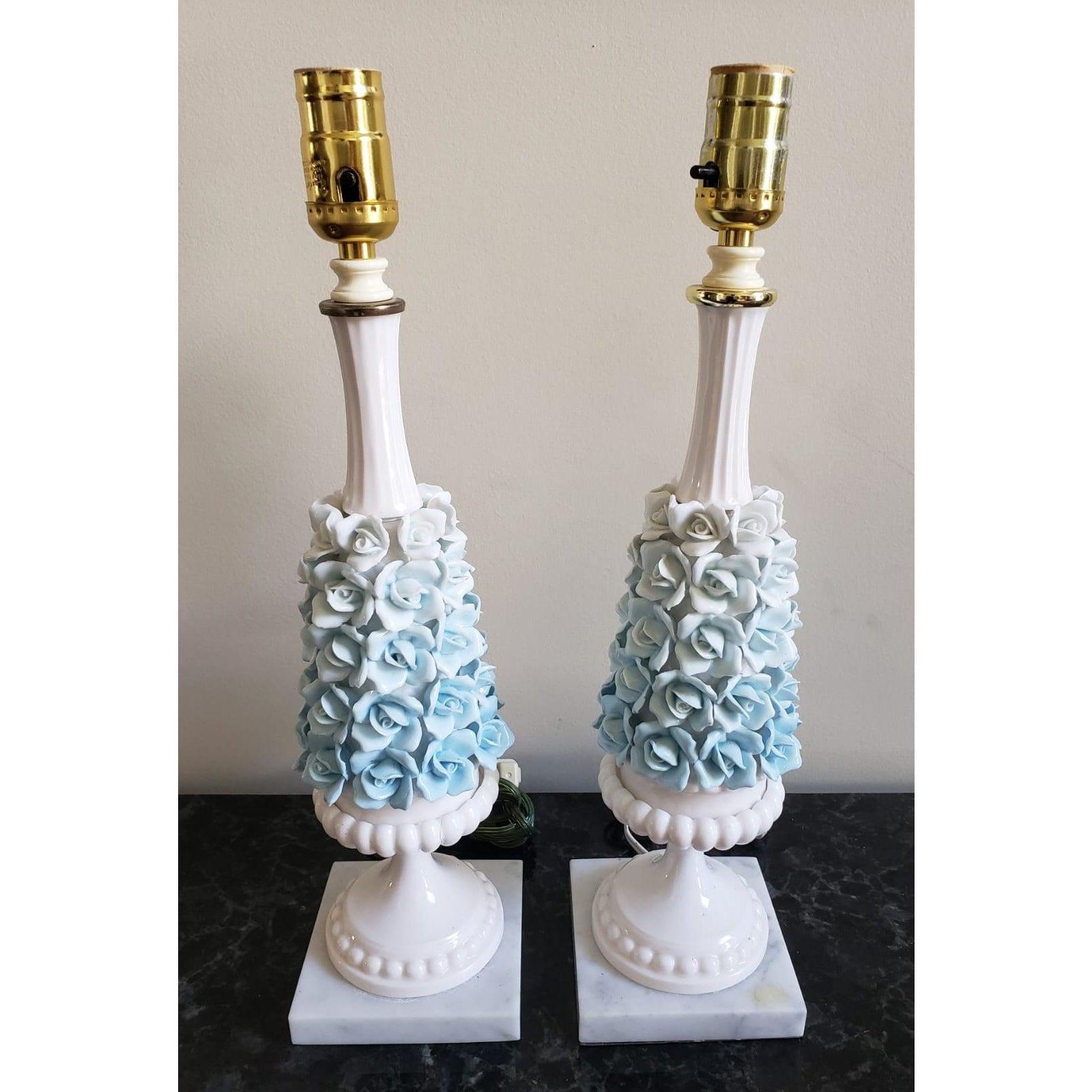 Mid-20th Century 1960s Italian Capodimonte Style Blue Rose Lamps with Carrara Marble Base For Sale