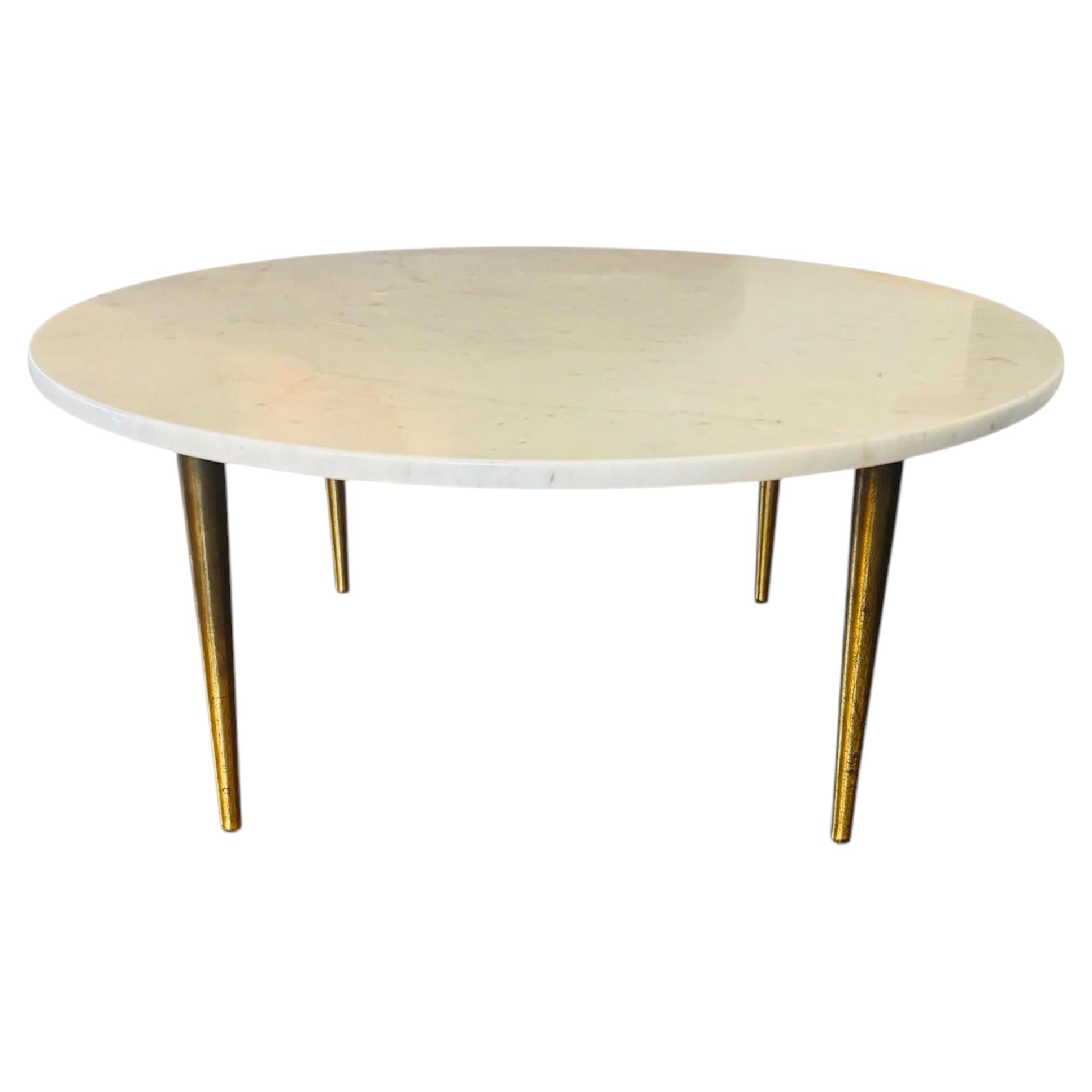 1960s Italian Carrara Marble Coffee Table with Burnished Brass Tapered Legs