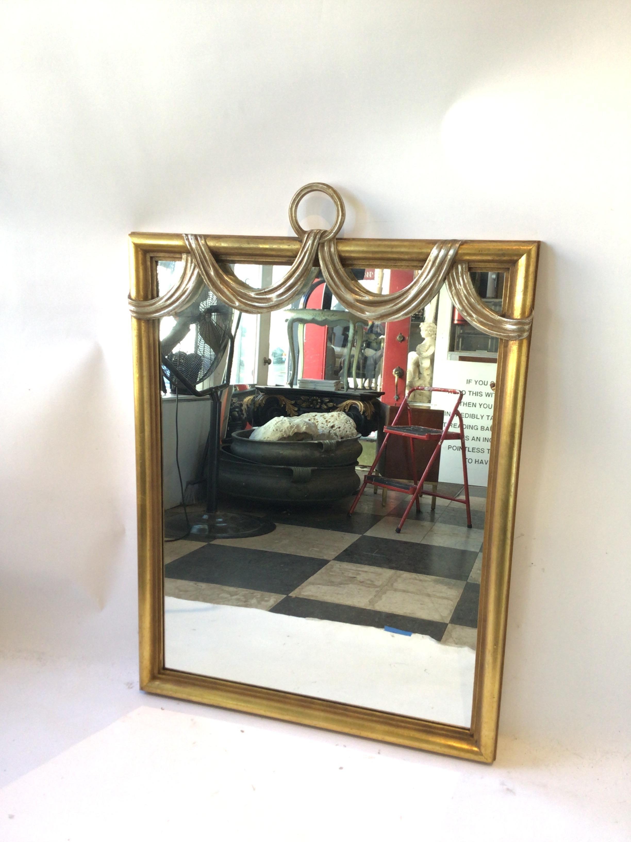1960s Italian Carved Gilt Wood Draped Fabric Mirror In Good Condition For Sale In Tarrytown, NY