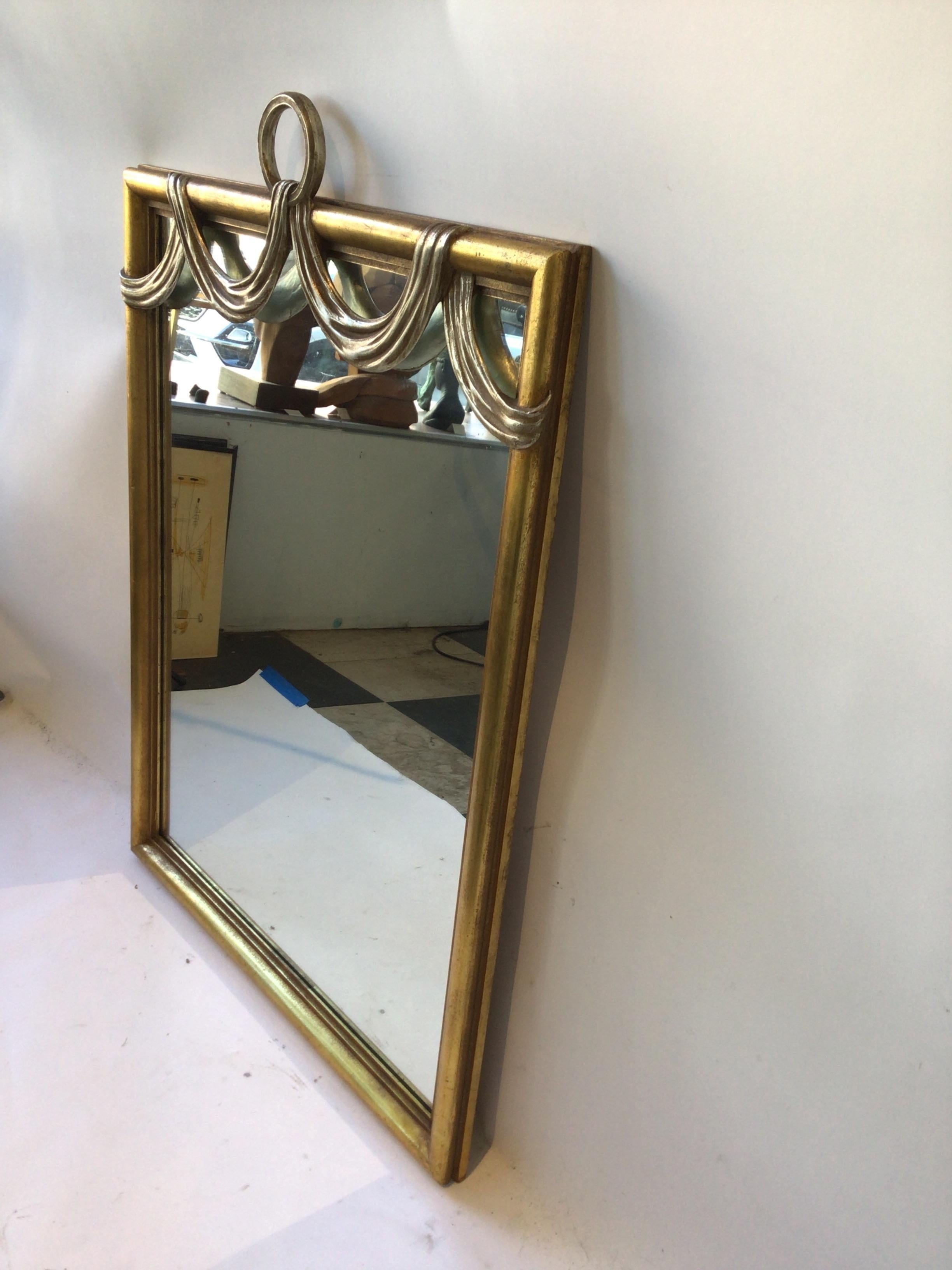 1960s Italian Carved Gilt Wood Draped Fabric Mirror For Sale 1