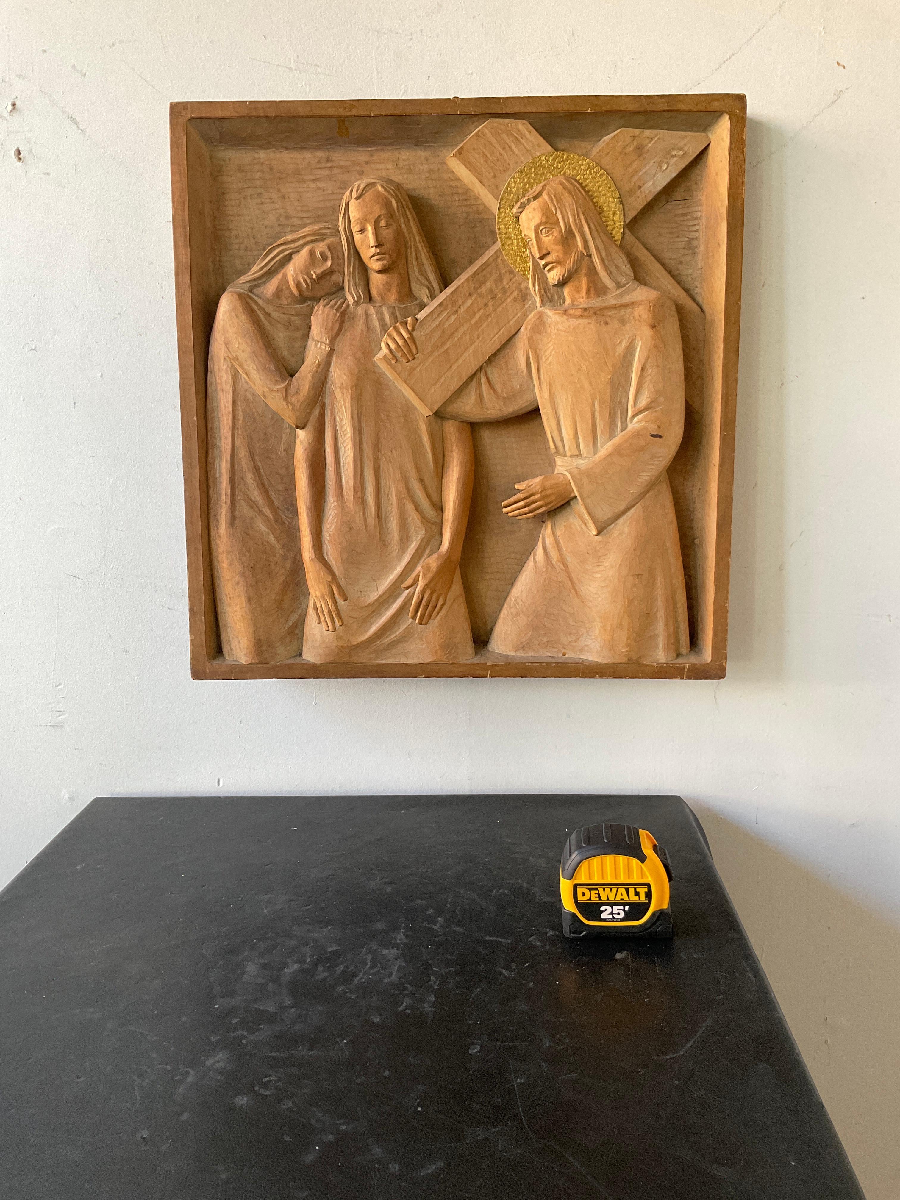 1960s Italian Carved Wood Plaque of Jesus In Good Condition For Sale In Tarrytown, NY