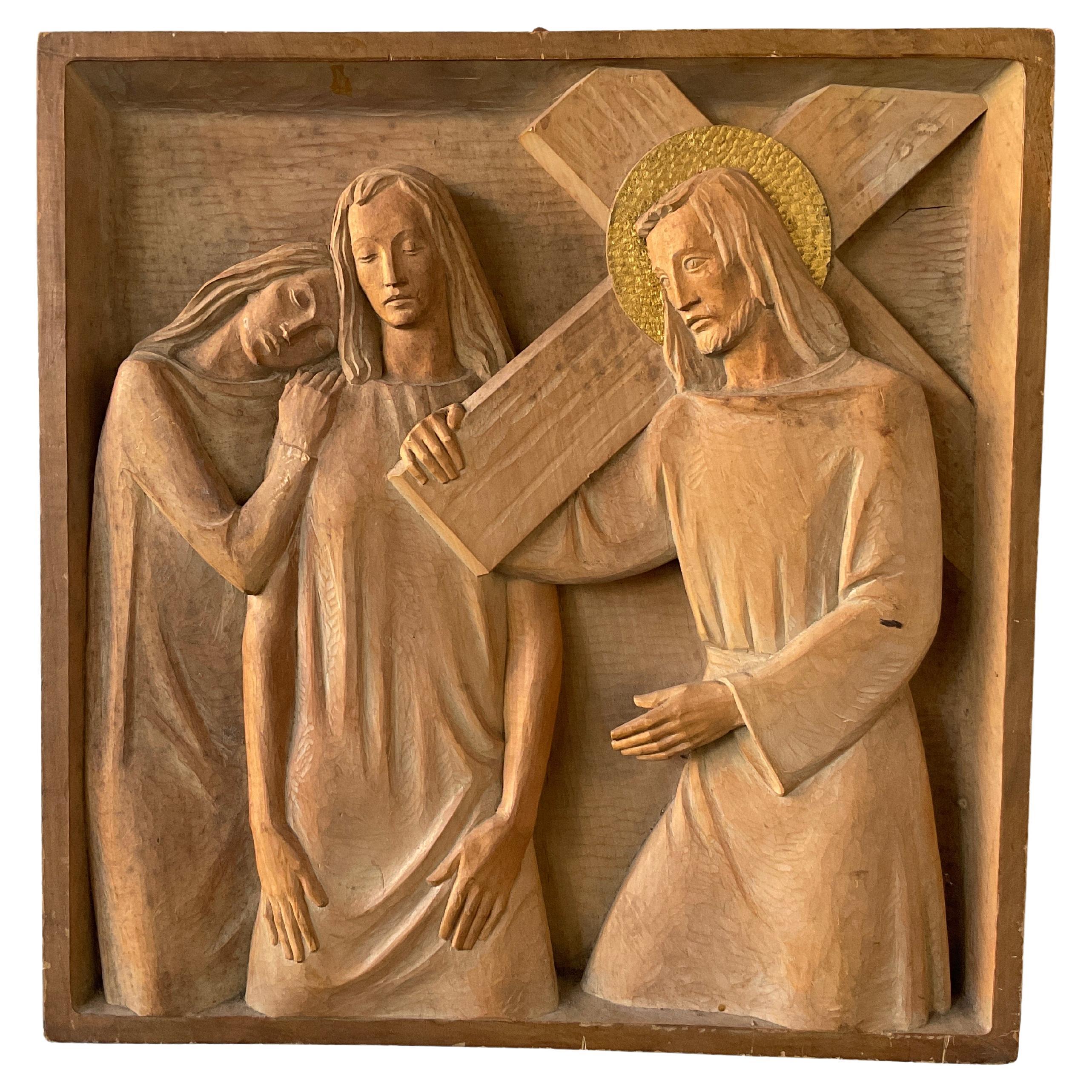 Plaque de Jésus en bois sculpté italienne des années 1960