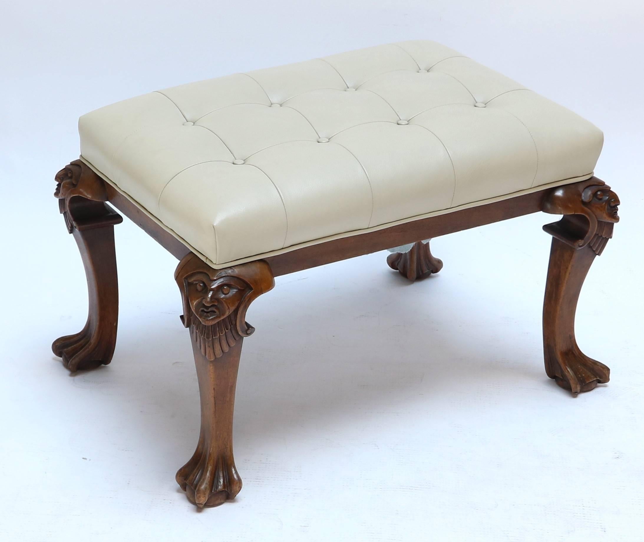 1960s Italian carved wood tufted bench upholstered in tan or beige leather.