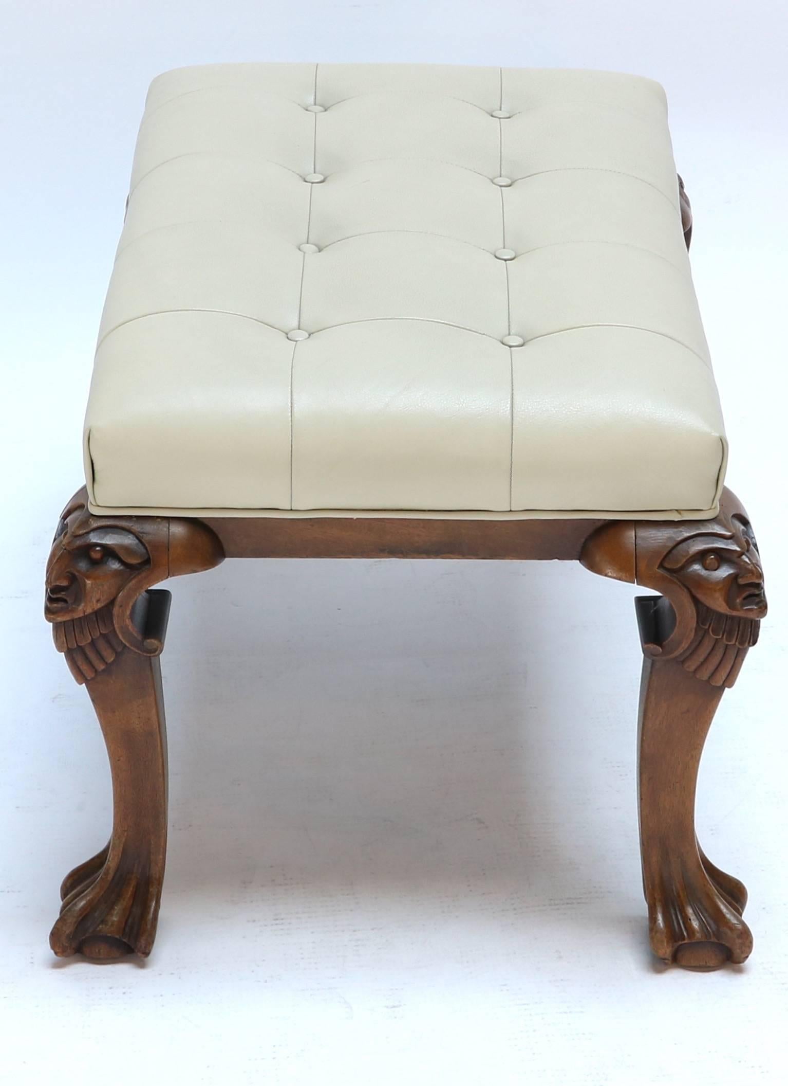Mid-Century Modern 1960s, Italian Carved Wood Tufted Tan Leather Bench For Sale