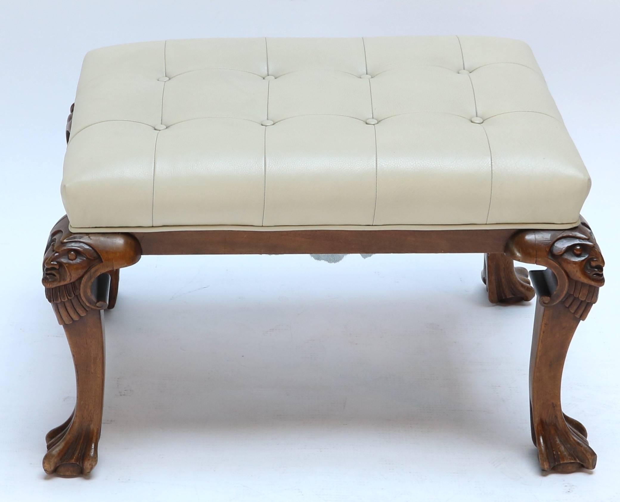 1960s, Italian Carved Wood Tufted Tan Leather Bench In Good Condition For Sale In Los Angeles, CA