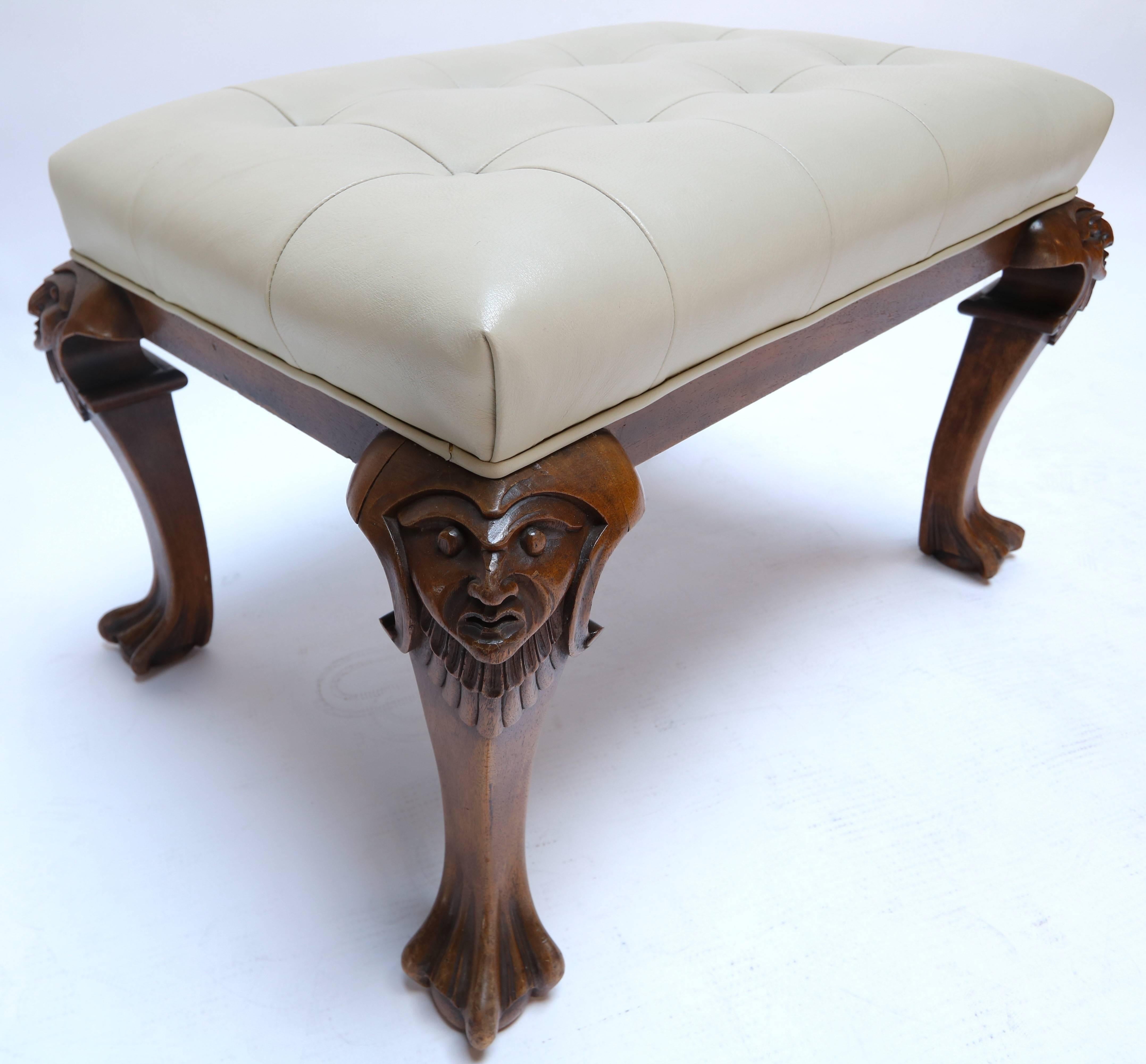 Mid-20th Century 1960s, Italian Carved Wood Tufted Tan Leather Bench For Sale