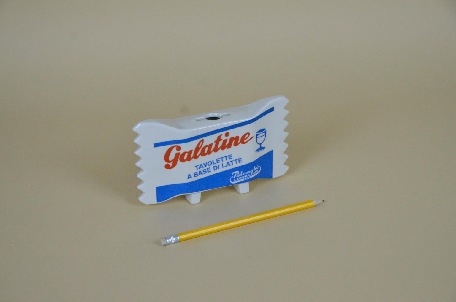 Advertising ceramic model of a Galatine Milk Candy produced in Italy in the 1960 for Polenghi Lombardo of Lodi, Lomabrdy Italy.

The model shows the brand name in red on white background and the slogan 
